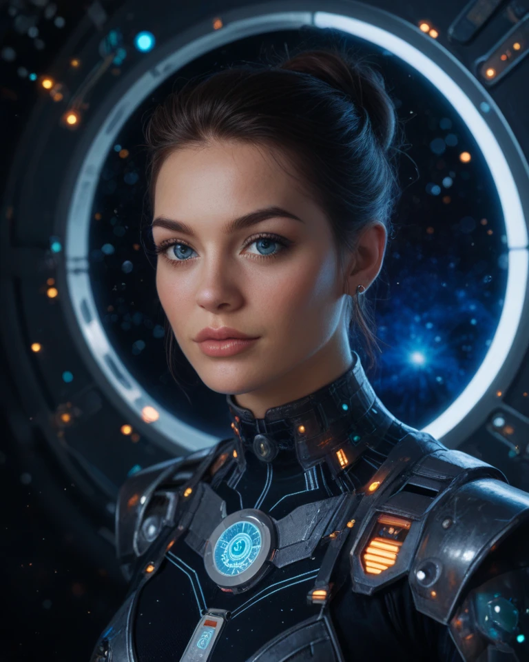 masterpiece, photorealistic highly detailed 8k photography, best cinematic quality, volumetric lighting and shadows, sharp intricate details, <lora:hadesarmorXL:1> medium brown fishtail braid toned young woman in Neon Blue hdsrmr, Pretending to be stuck in a large bubble, lunar base background