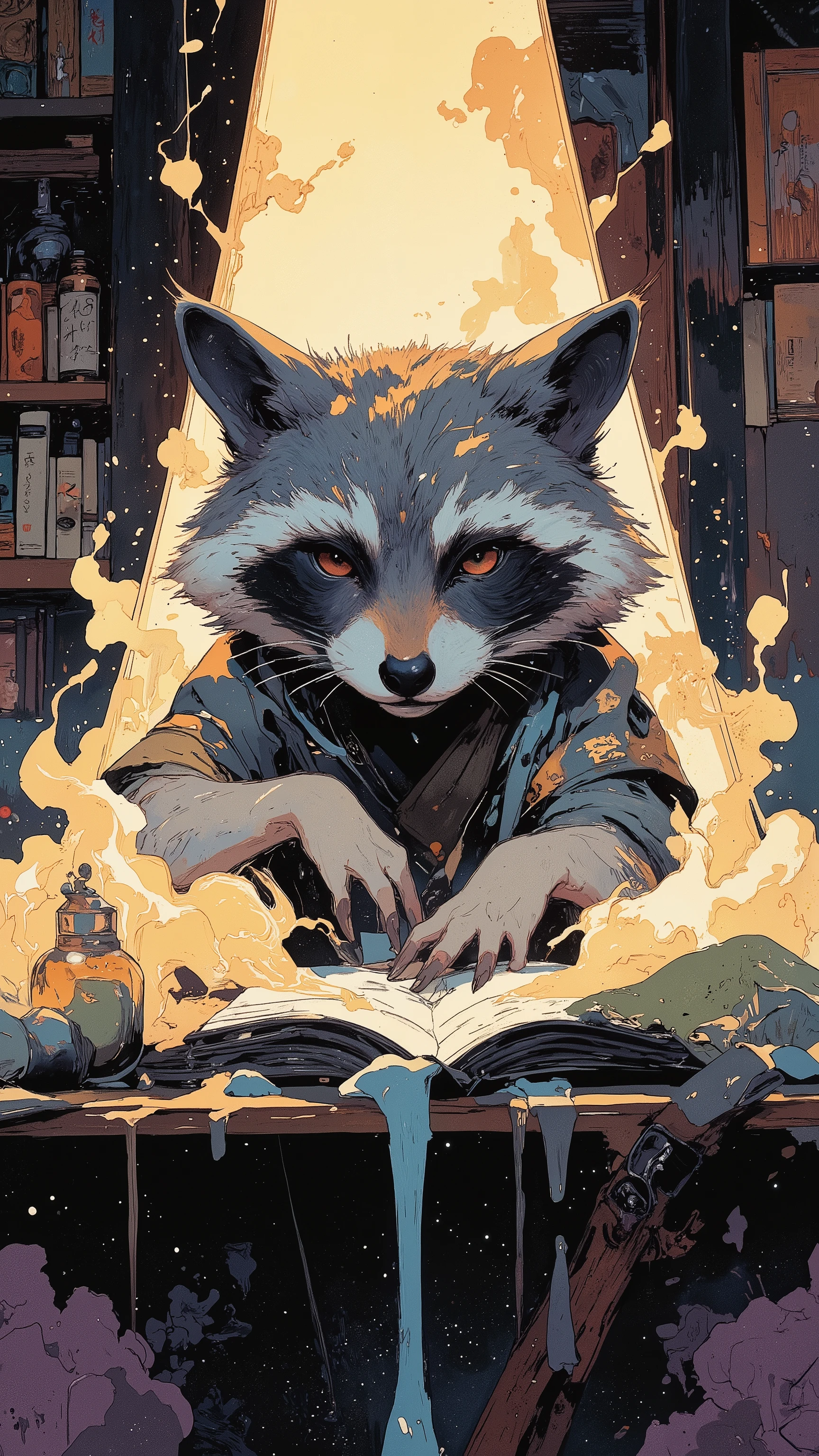 (best quality)))、(super high image quality)、(Super Detail)、(detailed description)、(Best CG ))、(masterpiece)、ArsMJStyle、(Zen ink wash painting)、raccoon , ランダムなシチュエーション,背後からのアングル,(aura:1.3),セクシーな雌raccoon