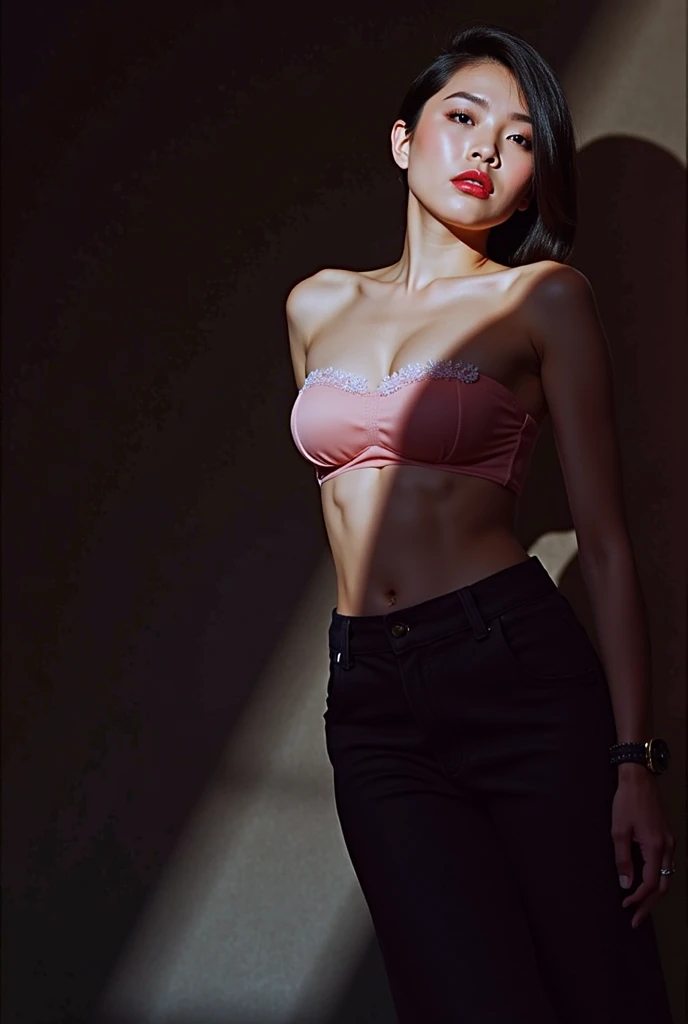 (((silhouette of woman, 1 girl))), (editorial photograph of a young 23 year old woman with medium red lipedium breast))) Fujifilm Provia 100F (Color Slide), Dark and moody, Silhouette Shot, Extreme High-Angle Shot, Over the Shoulder, Shot by Nikon Z9 with NIKKOR Z 24-70mm f/2.8 S Lens, cinematic lighting, ultra wide angle, luxury, elite, 4k, depth of field, micro detalls, hyper detailed, lightrays, filmic, hyper realistic, photorealistic, cinematic, Hair light, Backlighting, Silhouette, Rooftop, Photography by Mario Testino,