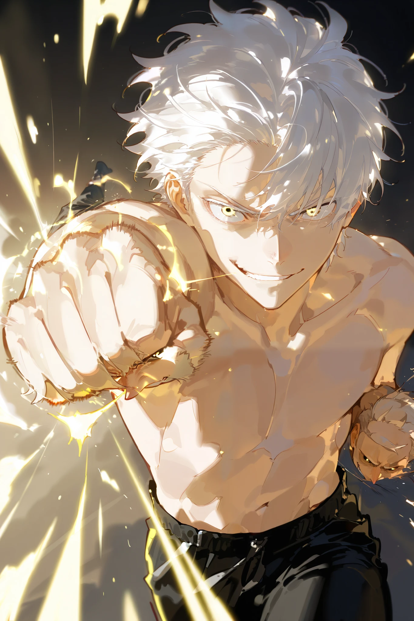 Handsome, Athletic, alone, male, Short spicky hair, long white hair, black yellow eye, no shirt, black pants, , intricate sketch, expressive eyes nose and mouth, punching , Smirk