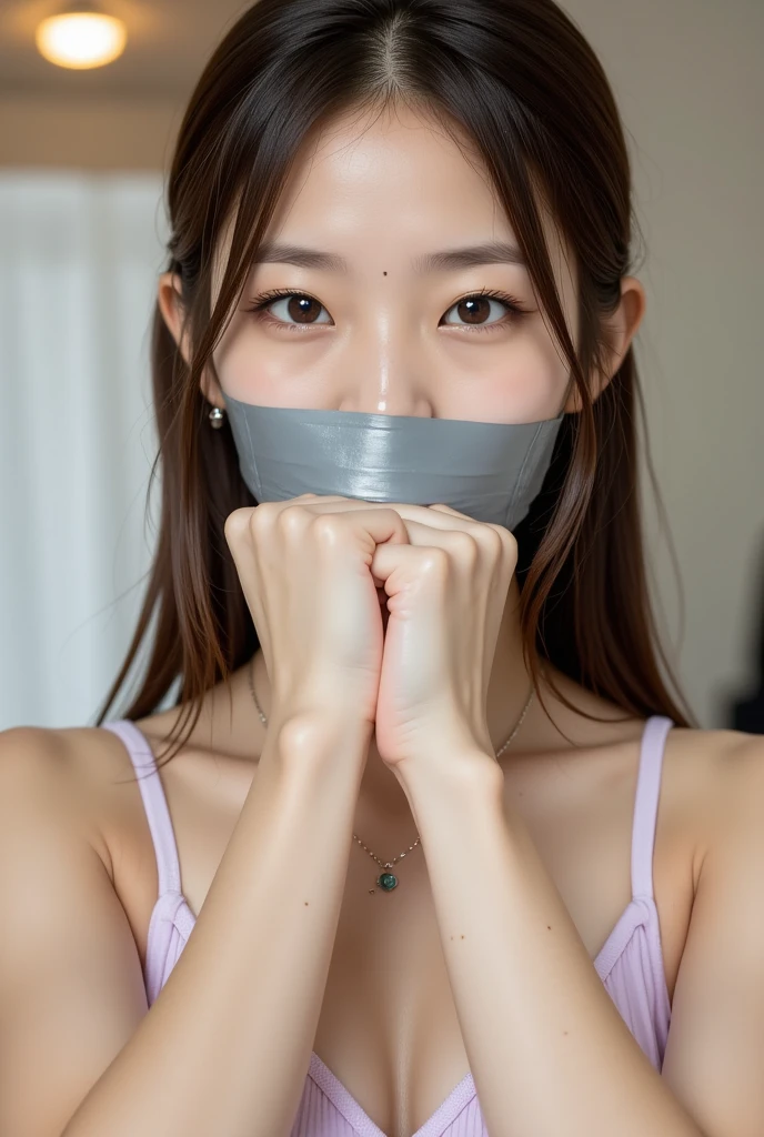 one Japanese girl, (a beauty girl, delicate girl:1.3), (20-year-old:1.0),
break, (summer、 blouse:1.3),
break, (cloth shop:1.3), 
break, Extremely fine resolution, (Symmetrical eyes:1.3),
break, Small breasts, Brown eyes, Parted bangs, Brown Hair,  girl,
break, (Eye and facial details:1.0)
break, (masterpiece, highest quality, Very detailed, Detailed face, 8K)、stand、slouch、face down、Wipe the floor、Pushed from behind、(The viewer reaches out、Draw your finger in detail、Lift the chest)、open shoulder clothes、(Take off your clothes、Unbutton、Holding clothes)、(Tape gag)