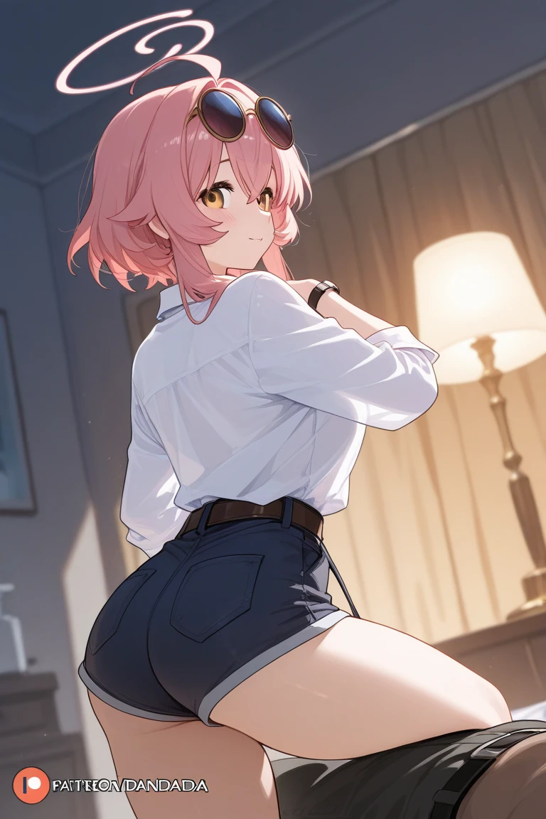 small girl with short orange hair white skirt black shirt purple eyes with big buttocks and medium breasts blushing with a happy face standing on the pink bed