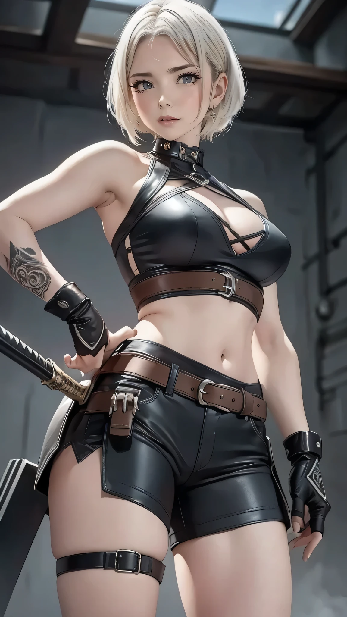 (Masterpiece, best quality, intricate details, 1sologirl) iron collar, arms behind back, iron cuffs, shackles, bound ((standing by wooden pole:1.2)) looking from above happy closed mouth ((Torture Tortura Dark elf skin)) looks at the viewer smiling, extremely huge breasts, maternal, chest cover with clothes, Blindfolded: NO EYES