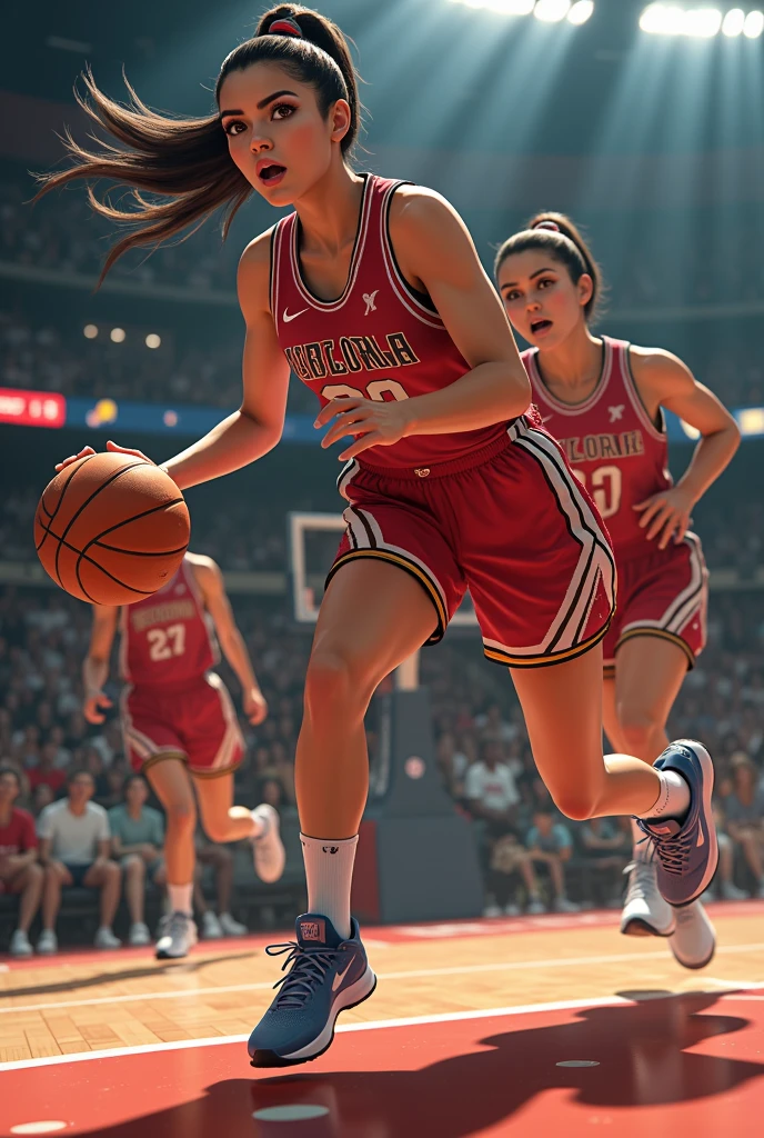 (Ball in the basketball ring), Hold up the ball with both hands, NBA basketball player, 1girl, Incredible jump, floating down from the basketball court, best quality, (masterpiece), hyper detailed, ultra high res, photorealistic, raw photo, absolutely resolution, ((aerial view)), hand focus, basketball ring, beautiful detailed face,