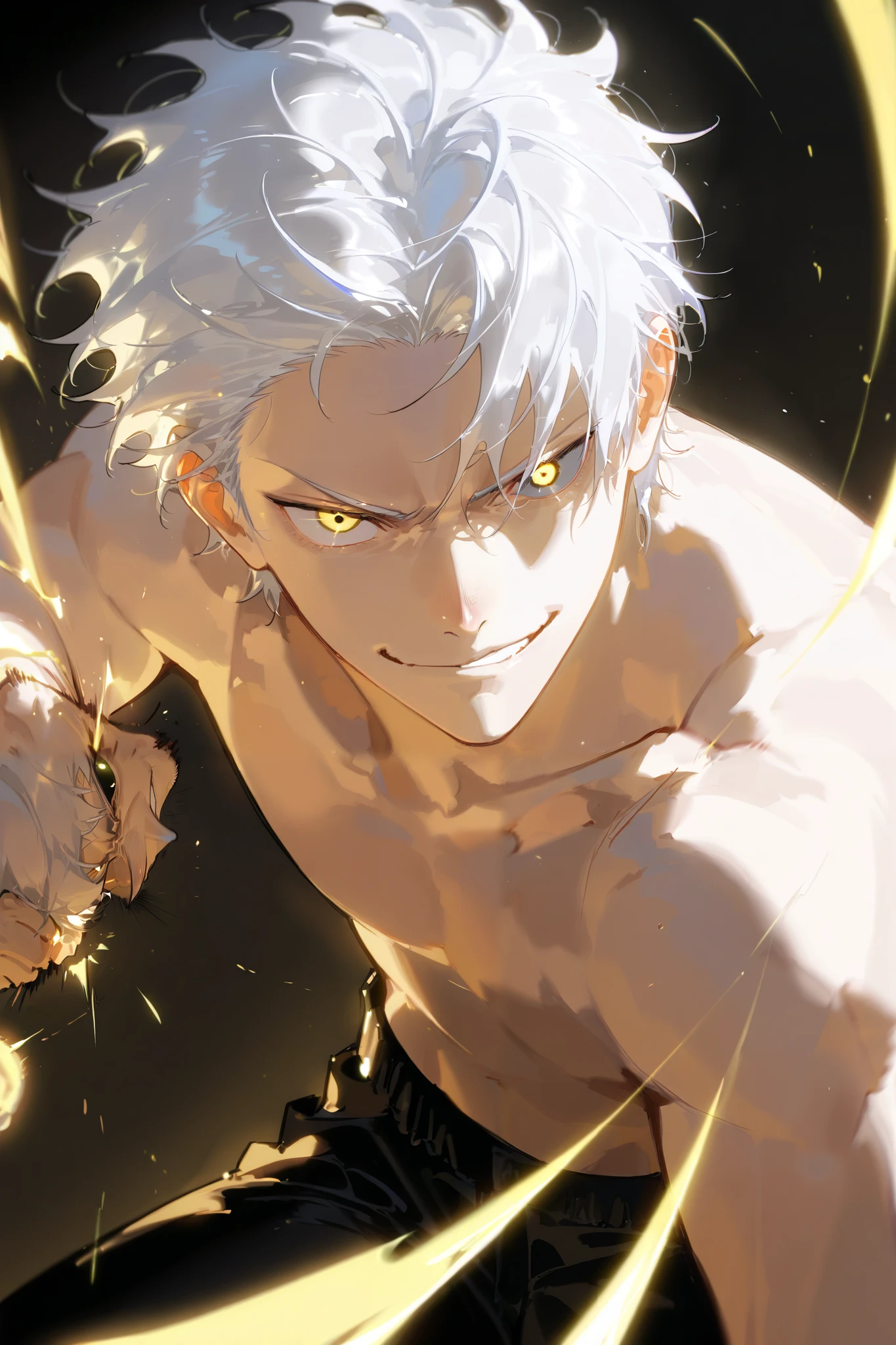 Handsome, Athletic, alone, male, Short spicky hair, long white hair, black yellow eye, no shirt, black pants, , intricate sketch, expressive eyes nose and mouth, punching , Smirk