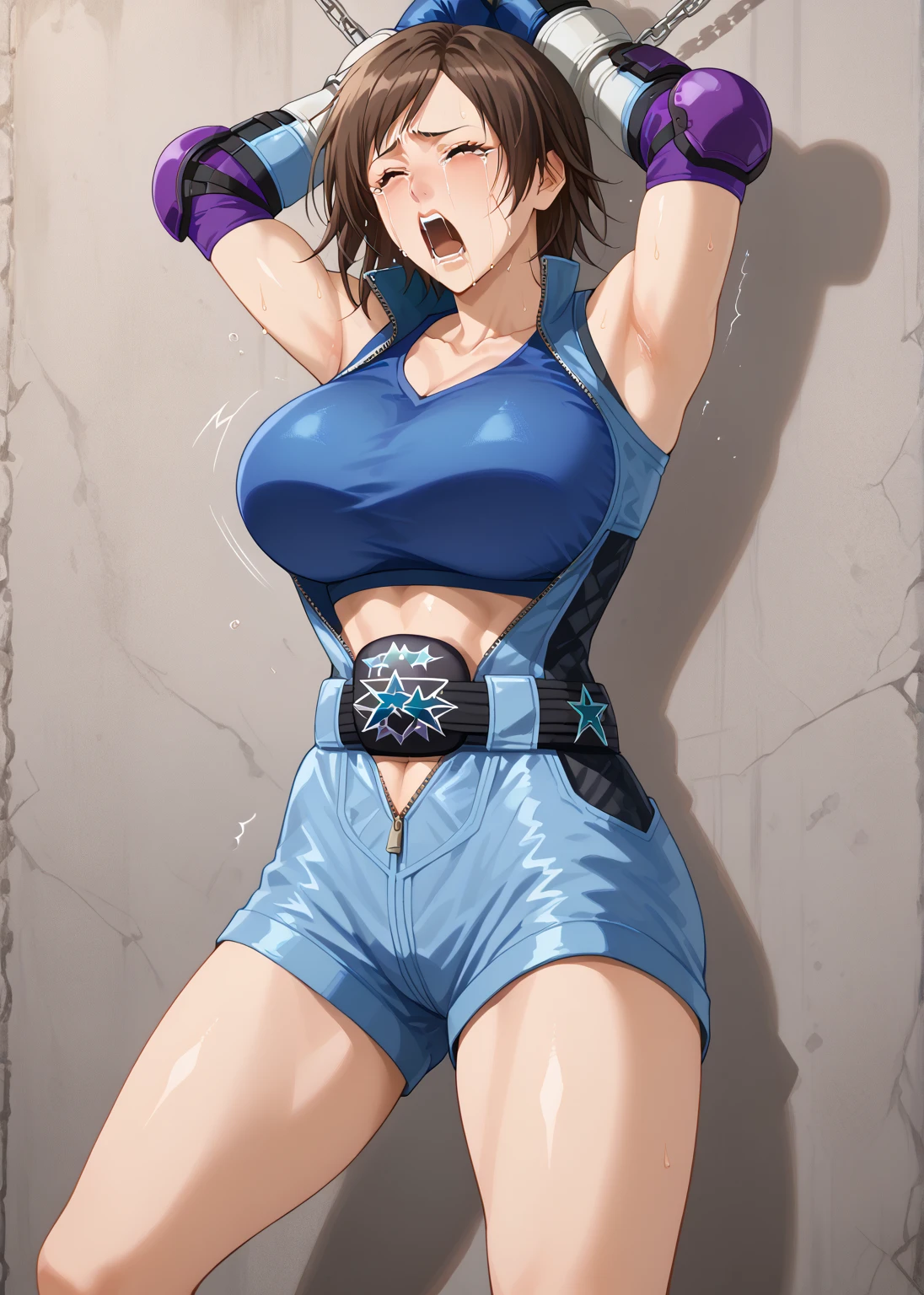 asuka kazama,1girl,solo,black pants,blue shirt,sleeveless,medium breasts,heavy blush,(red eyes:1.2),((arms up)), sweat, sweaty, no bra, nipple hard