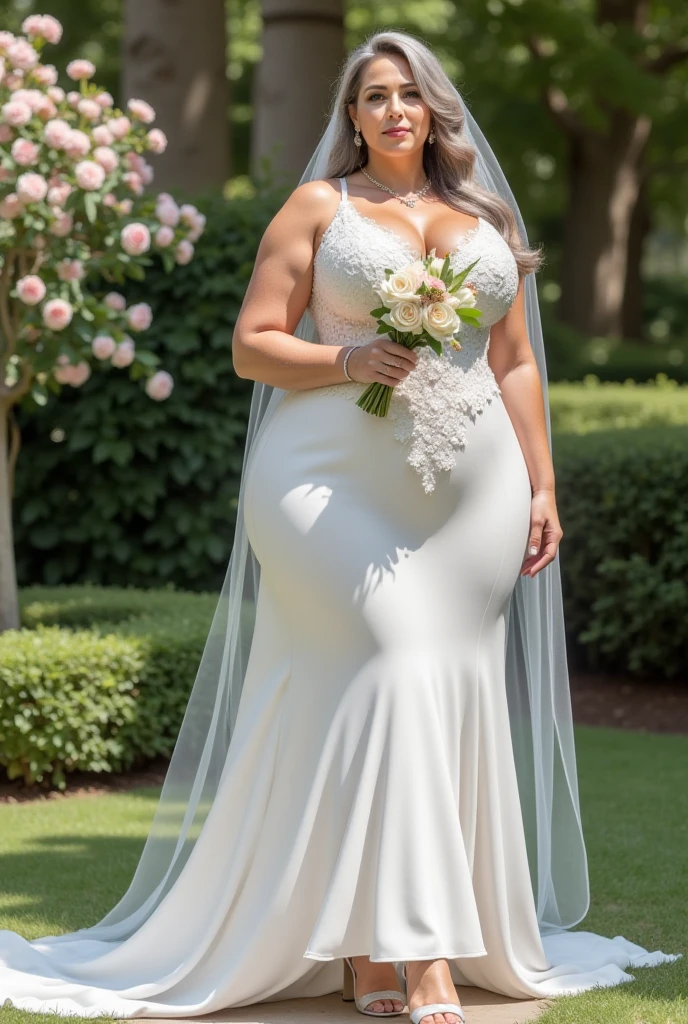 Erotic plump girl with huge breasts, deep neckline, green nipples,look wants sex, Slim waist, wide hips, posing in sexy wedding outfit
