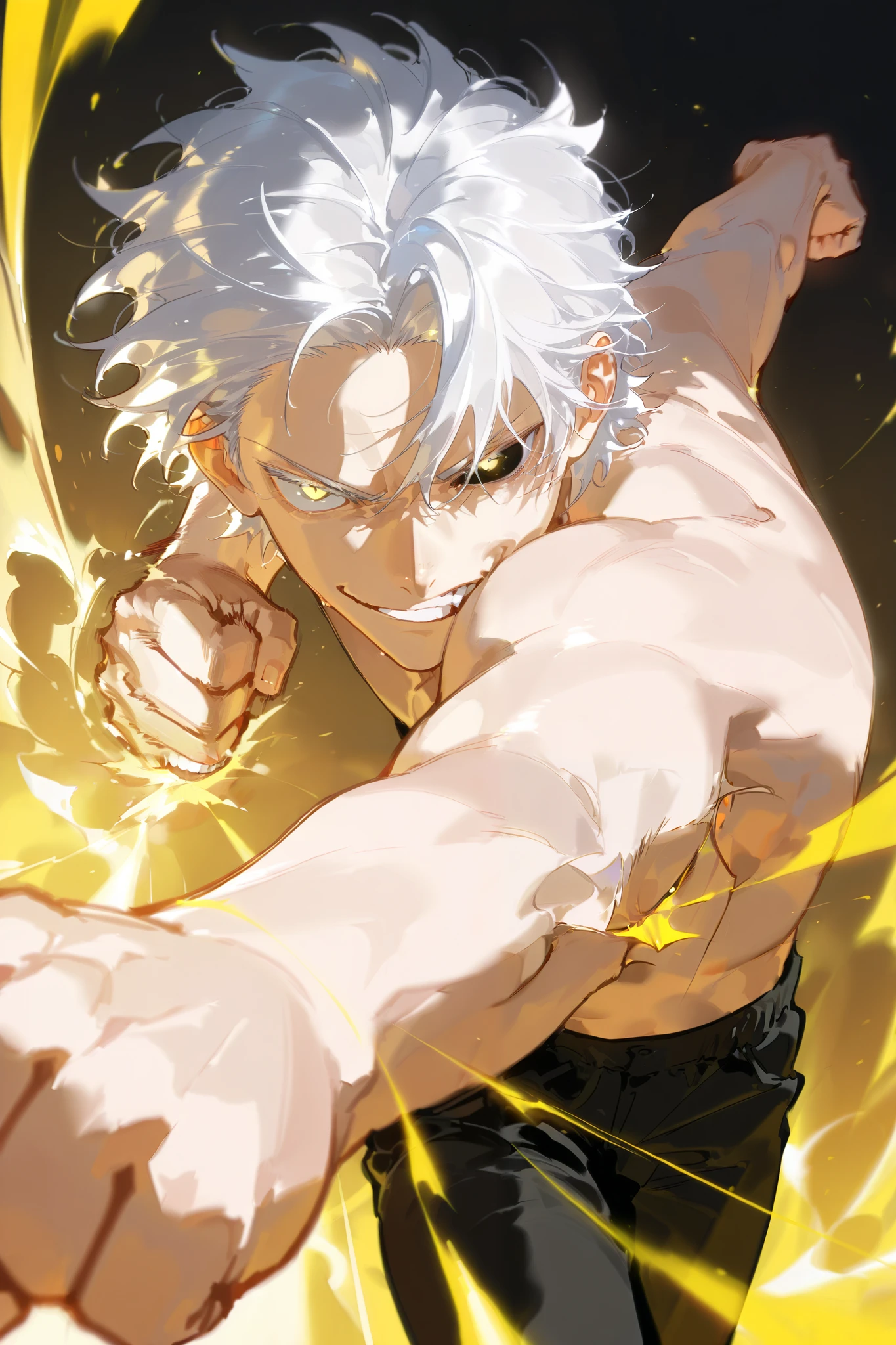 Handsome, Athletic, alone, male, Short spicky hair, long white hair, black yellow eye, no shirt, black pants, , intricate sketch, expressive eyes nose and mouth, punching , Smirk