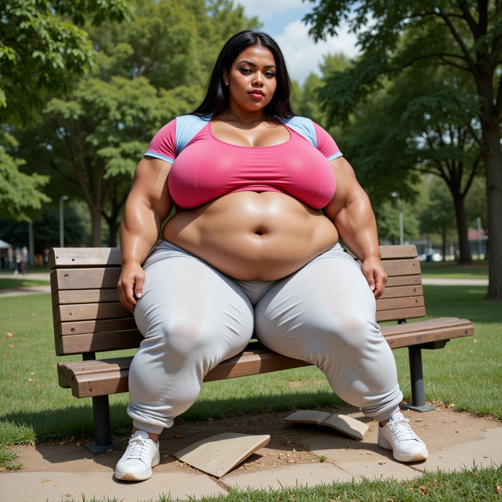 ((high rating:1.3)), 8k, uhd , finely detailed, full color, high quality, (((high rating))), plump Indian girl with extremely long hair, saggy blubbery blimp body, oily skin, disproportionately big swollen belly sagging down over legs,love handles, outside at the bus stop on an extremely foggy morning holding a chocolate bar, ((wearing white t-shirt and loose jeans, sweating)), blushing, embarrassed, natural beauty, natural makeup, bottom heavy , sweet, innocent, atmospheric, extremely detailed and sweet innocent moon face with exaggerated enormous plump lip, (fat face), no shadows, lounging