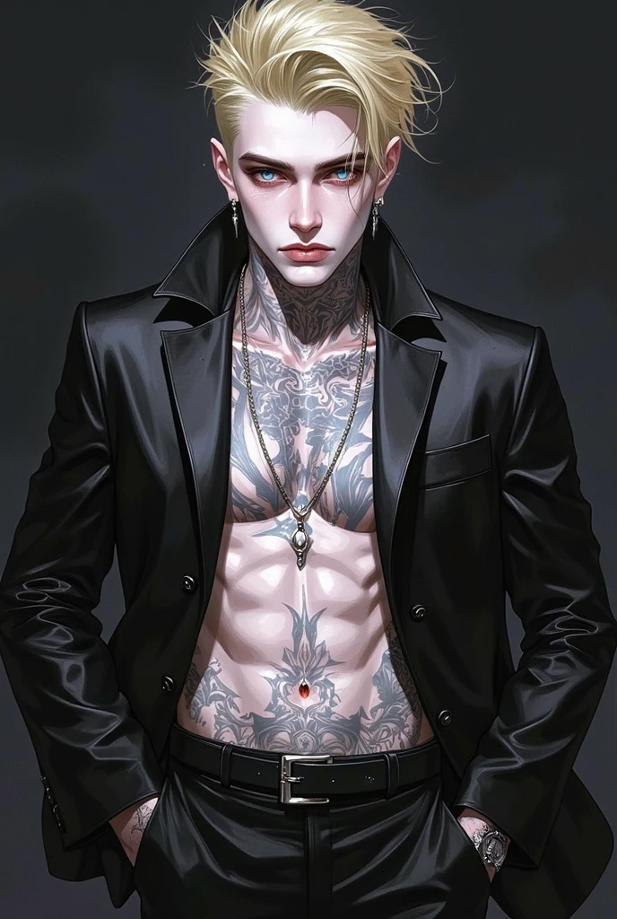 A male 3 beardless man with pale skin, white hair and red eyes wearing torn 3/4 pants ans and shirtless,with Japanese writing tattoos