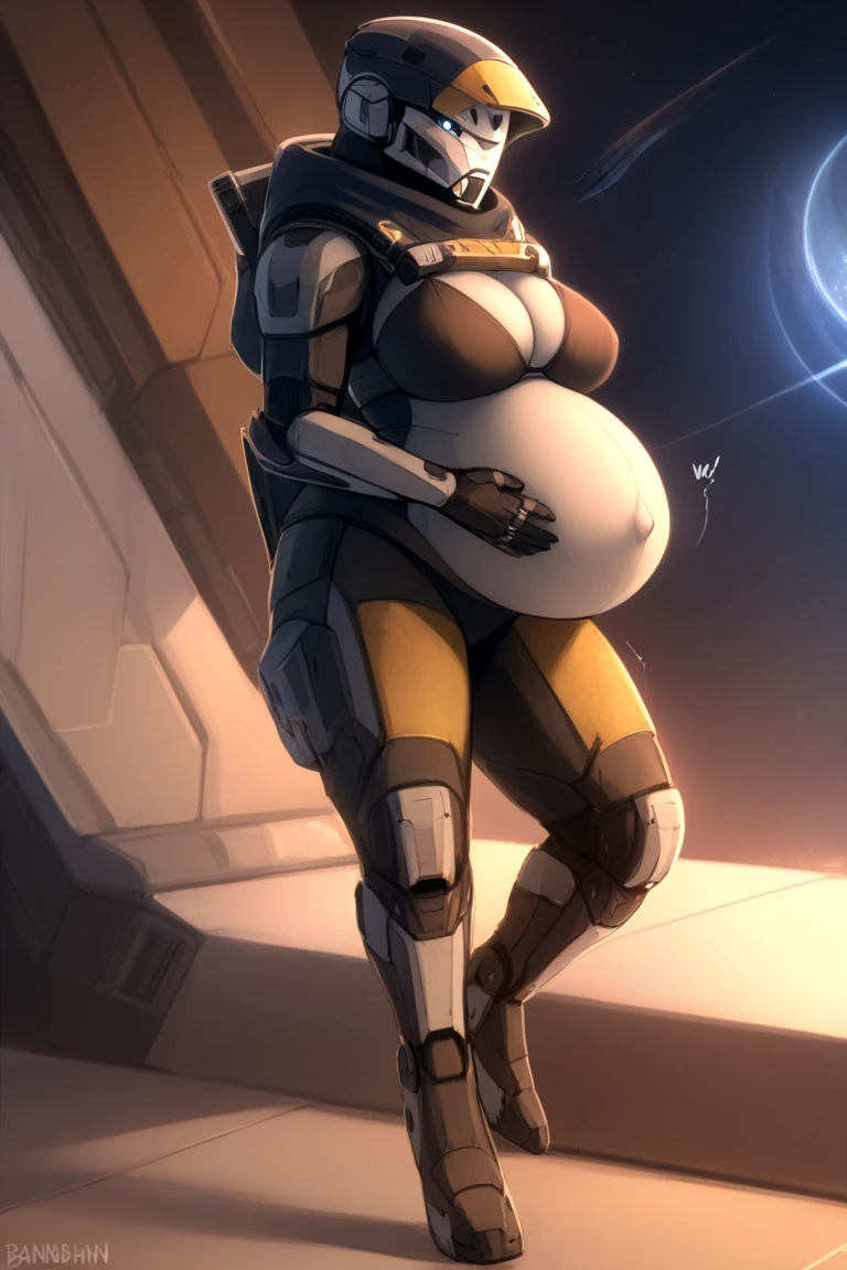 ((masterpiece)), (((best quality))), art by kipteitei, solo,1girl, Persona3Aigis, blue eyes, blonde hair, robot, fat, big belly, large boobies, large thighs, sky, grinning