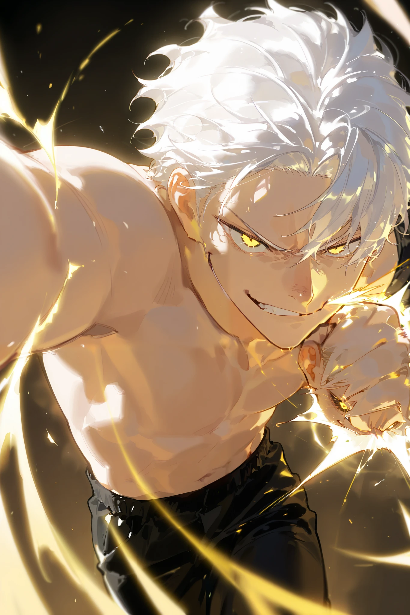 Handsome, Athletic, alone, male, Short spicky hair, long white hair, black yellow eye, no shirt, black pants, , intricate sketch, expressive eyes nose and mouth, punching , Smirk