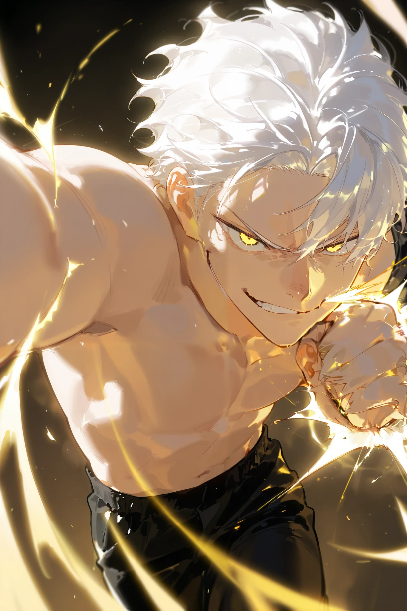 Handsome, Athletic, alone, male, Short spicky hair, long white hair, black yellow eye, no shirt, black pants, , intricate sketch, expressive eyes nose and mouth, punching , Smirk