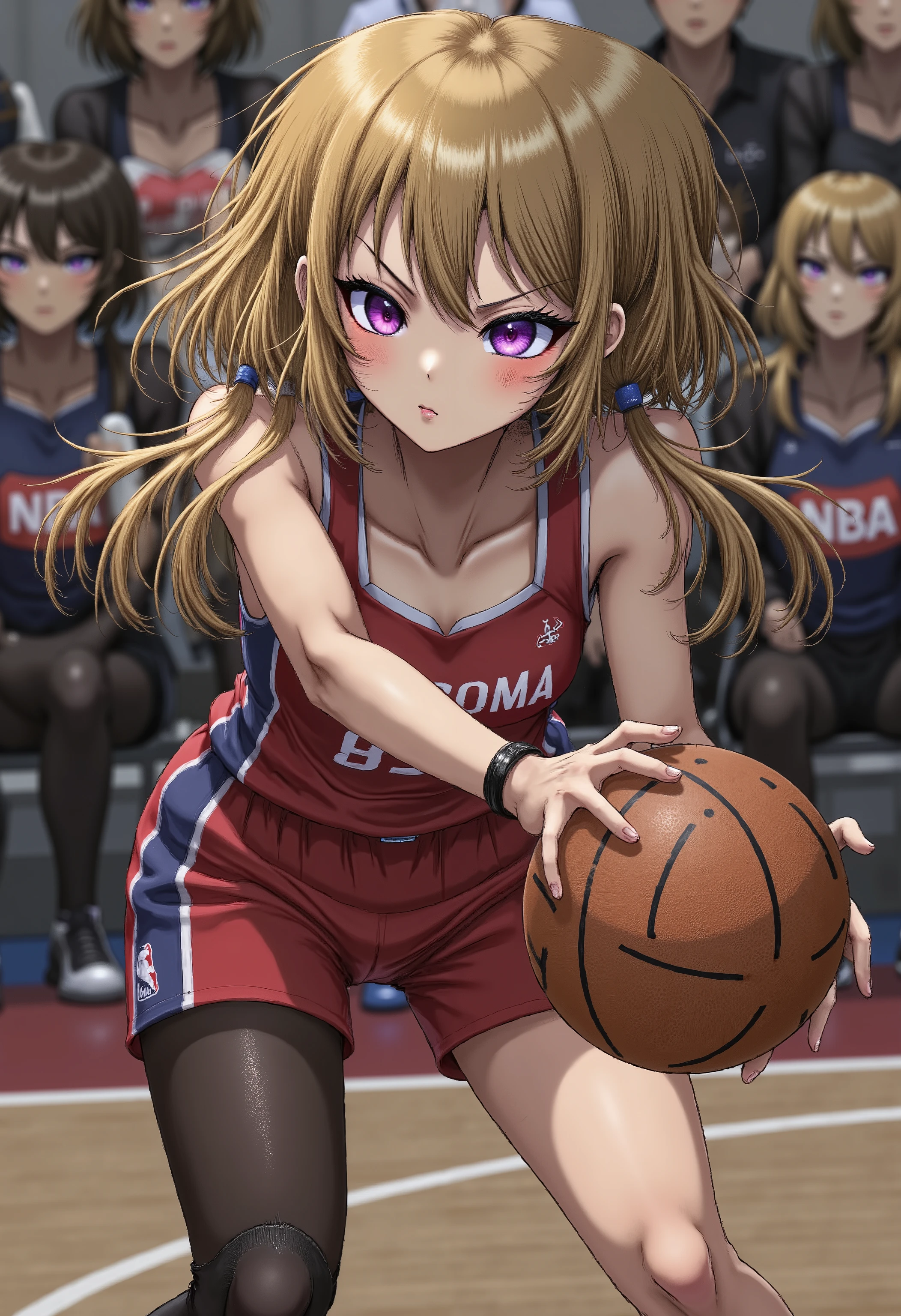 NBA players、NBA game、A girl who is good at basketball(Raiko-chan)beauty ponytail BLONDE brown skin Black Skin flirtatious attitude evil expression smile looks at you melancholy mood earrings bracelet、 standing、lots of spectators