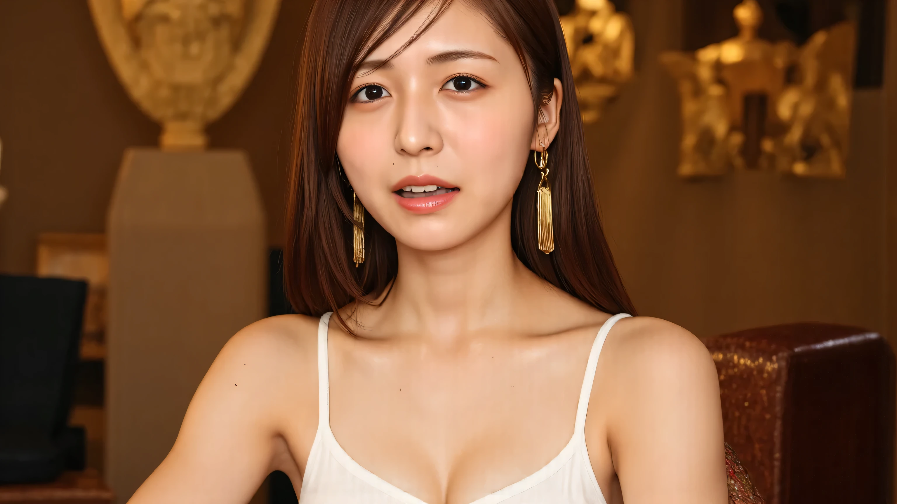 A woman with medium length straight hair in a warm reddish brown color is sitting indoors maintaining depth of field, sleeveless white top that emphasizes texture and tone. Her earrings have a gentle luster. The background has ornate gold decorations adorning dark wood furniture in the background, creates a luxurious and warm atmosphere. The lighting is soft and diffuse, showing warm hues on her skin and surroundings. The photo was taken at a close-up angle, While emphasizing texture and color、Shallow coverage for the focused subject and soft blurred background.