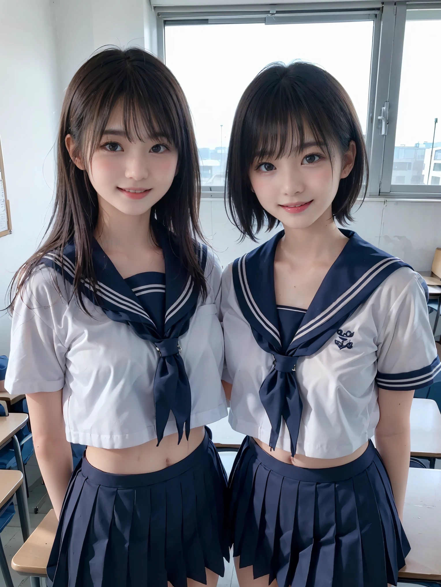 ((Two girls standing side by side)), ((sailor suit, mini skirt)), (two girls), (((The girl on the right has flat chest:1.4))), ((The girl on the left has large breasts)), (The girl on the left has short hair, The girl on the right has long hair, The girl on the left has a cool expression, the girl on the right has a cute expression:1.2), ((pale skin:1.3)), (smile, baby face:1.3), sunset lighting, classroom, classmate, (best quality), realistic, (live-action, complicated details), Natural Skin Texture