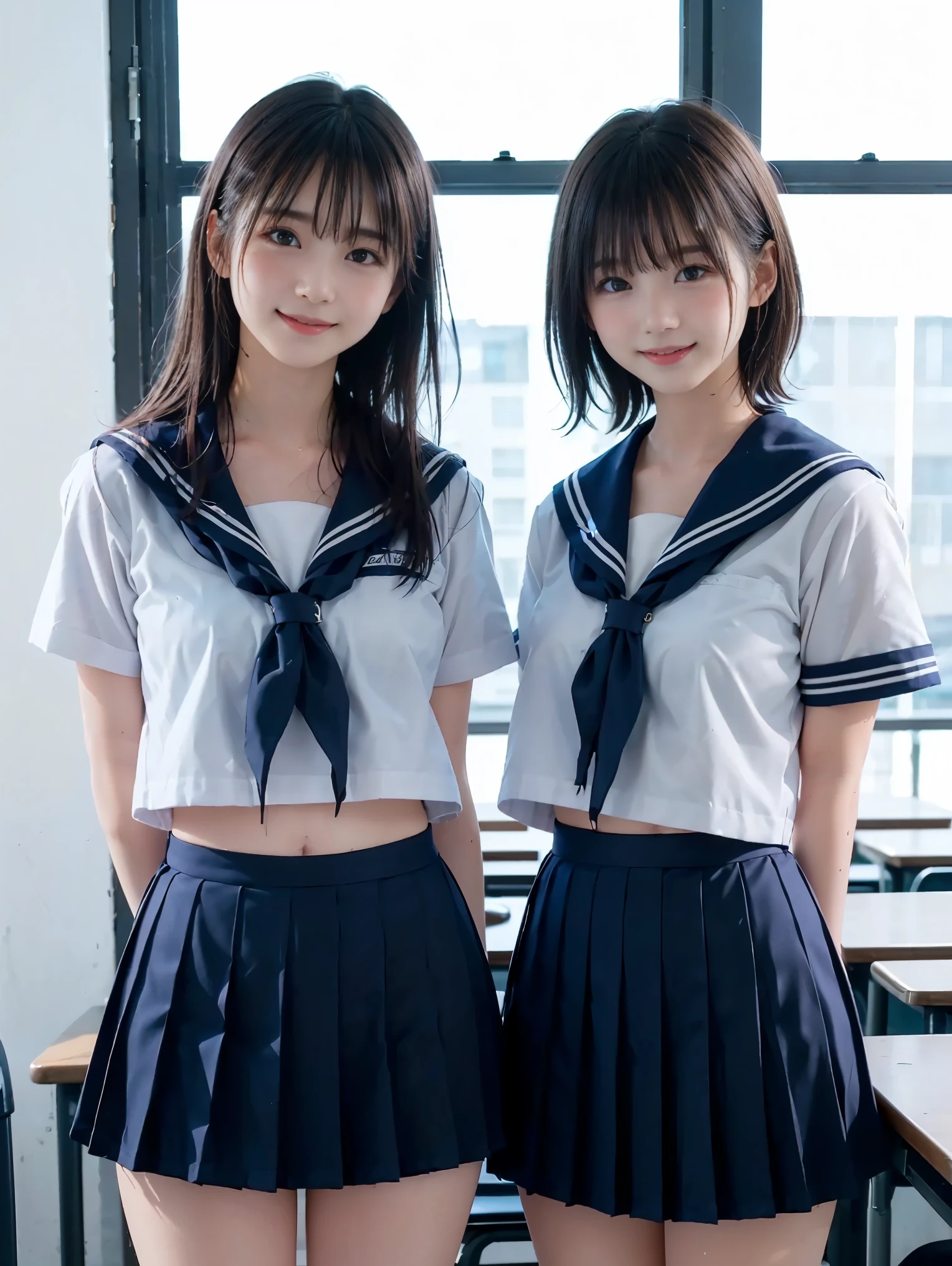 ((Two girls standing side by side)), ((sailor suit, mini skirt)), (two girls), (((The girl on the right has flat chest:1.4))), ((The girl on the left has large breasts)), (The girl on the left has short hair, The girl on the right has long hair, The girl on the left has a cool expression, the girl on the right has a cute expression:1.2), ((pale skin:1.3)), (smile, baby face:1.3), sunset lighting, classroom, classmate, (best quality), realistic, (live-action, complicated details), Natural Skin Texture