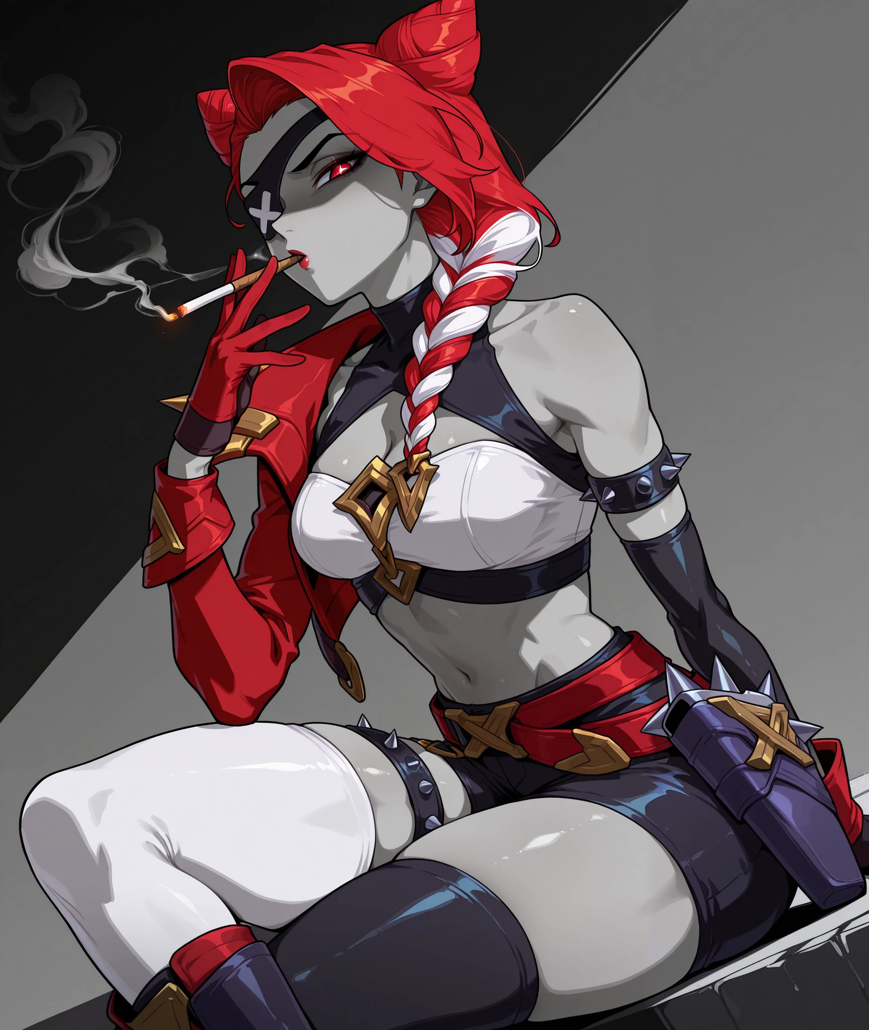 female, 1girl, SFSmira(Samira) (League Of Legends),ong hair, multicolored hair, braided ponytail, double bun, hair ornament, eyepatch, red jacket, single bare shoulder, shoulder spikes,red eyes, collared halterneck, cleavage cutout, single black detached sleeve, red glove, black glove, armlet with spikes, loose belt, pirate sash, shorts, holster, single thigh strap with spikes, asymmetrical legwear, boot, empty eyes, half-closed eyes, annoyed, star-shaped pupils, smoking cigarette, blowing smoke, close-up portrait,bangs, dress, thighhighs, spot color, shaded face, black and white, from side, dynamic angle, looking at viewer, crossed arms, big thighs, slim body, athletic body