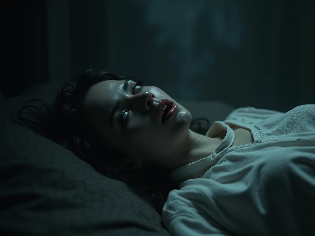 A woman lying DEAD in a bed, asphyxiated. Focus on her face. Movie scene.