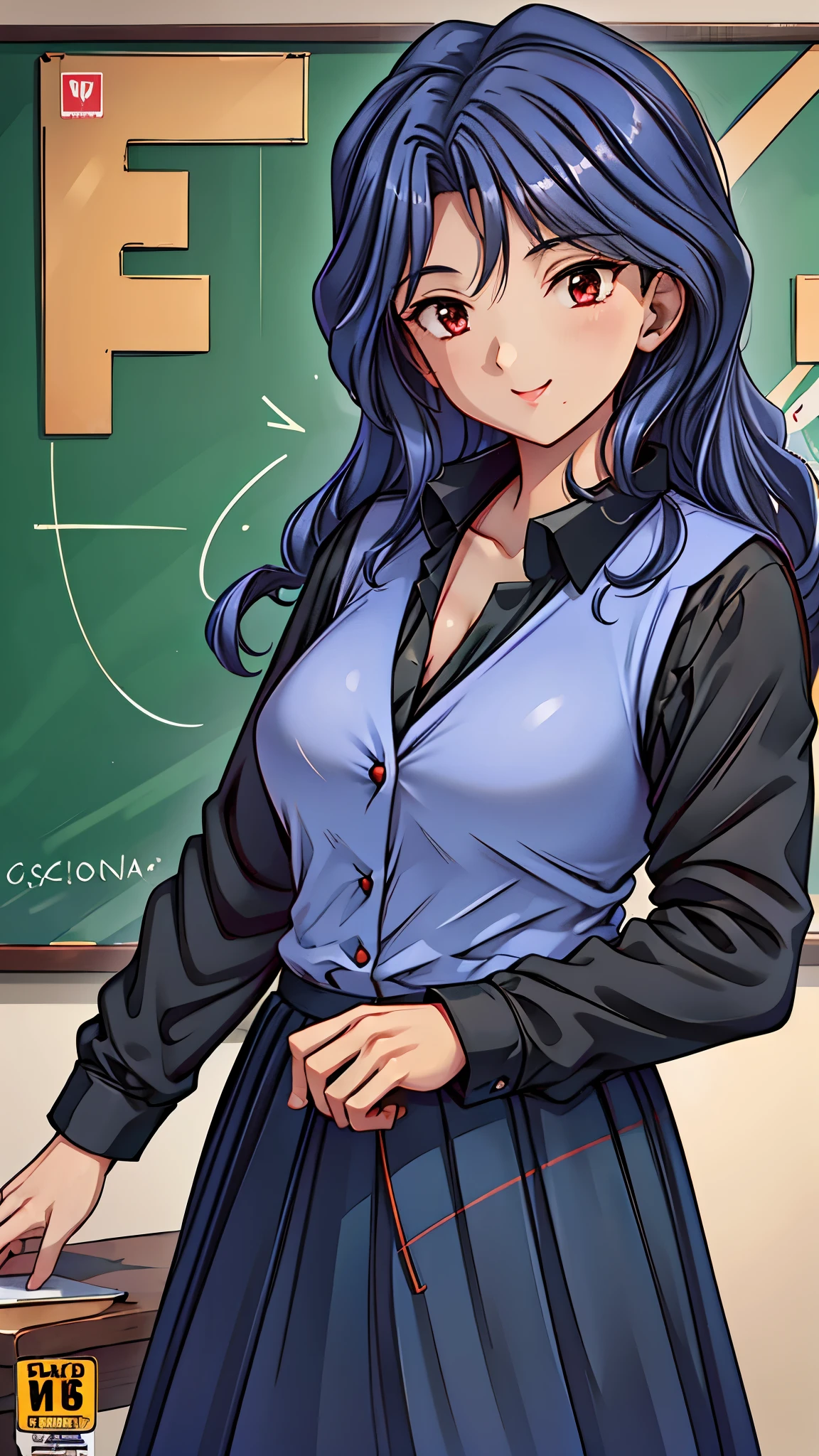 (super quality,super high resolution,16k,Super Masterpiece,Ultra HD ,detailed shading and background,)Sexy Female Teacher ,long black hair, long sleeve black shirt,The Valley of the Chest,cover,smile,in front of the blackboard,