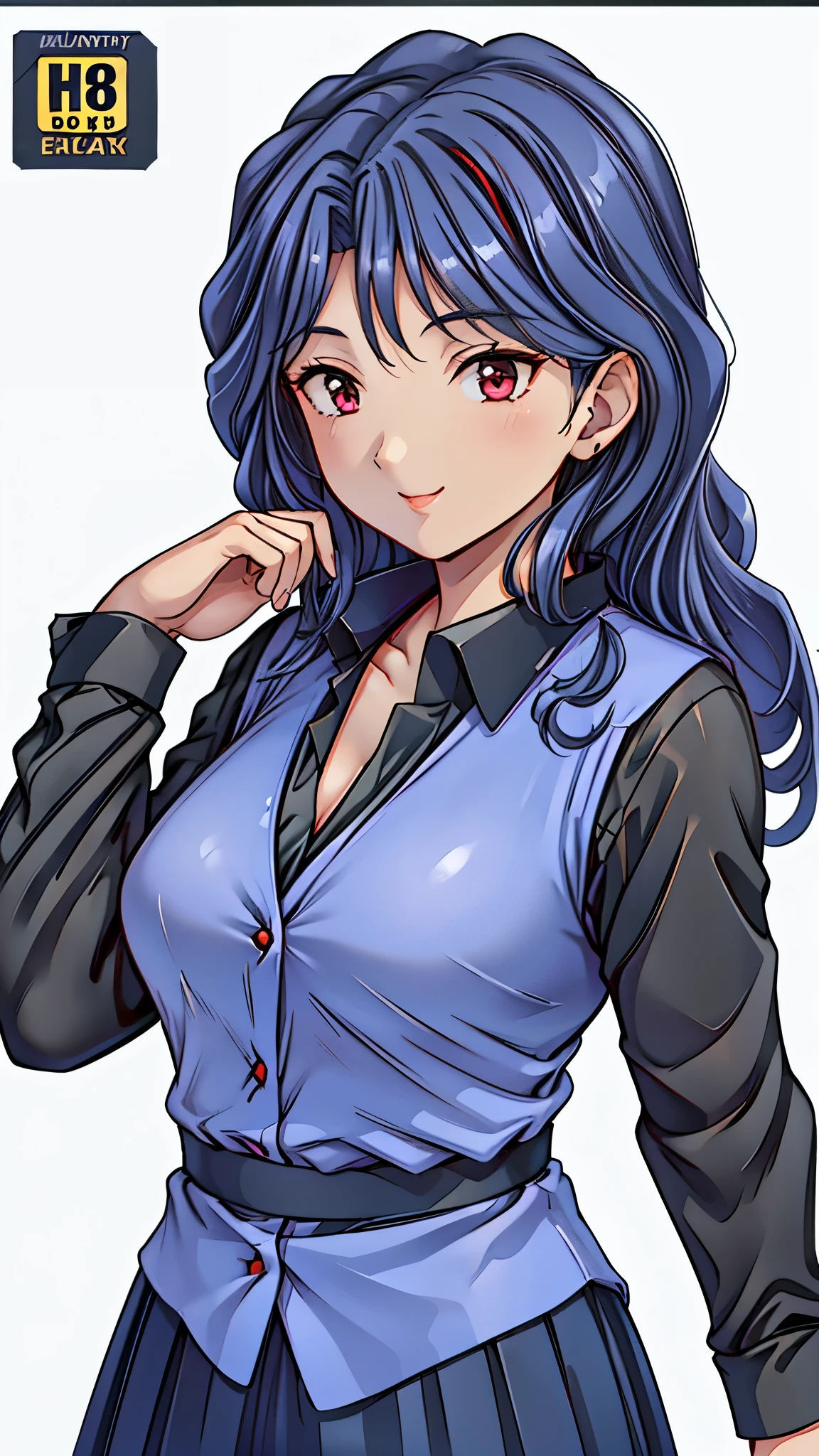 (super quality,super high resolution,16k,Super Masterpiece,Ultra HD ,detailed shading and background,)Sexy Female Teacher ,long black hair, long sleeve black shirt,The Valley of the Chest,cover,smile,in front of the blackboard,