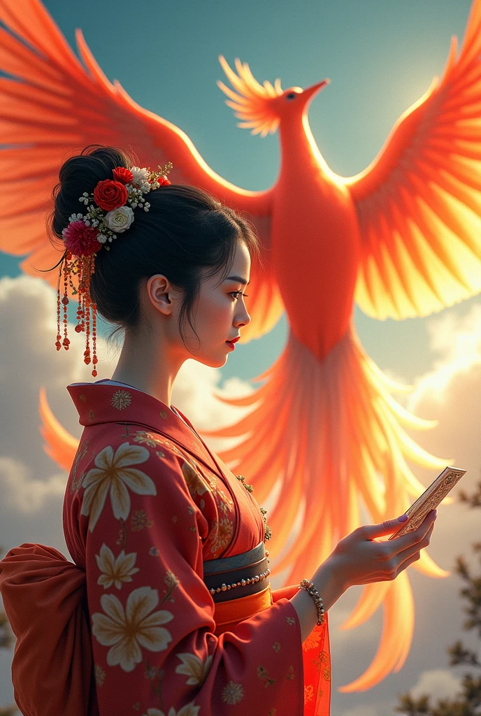 a blood girl, and a big bird, made of smoke, wearing a warrior outfit complete with armor floating around the ruins of an ancient temple, inspired by Japanese gods, carrying a big god sword, temple background, Japan, dark, horror vibes, gothic, smoke, fire, big add some big snakes behind, Japanese mythical gods, evil smile, crazy eyes, blindfold, fuji colors, high detail, high quality, accurate
