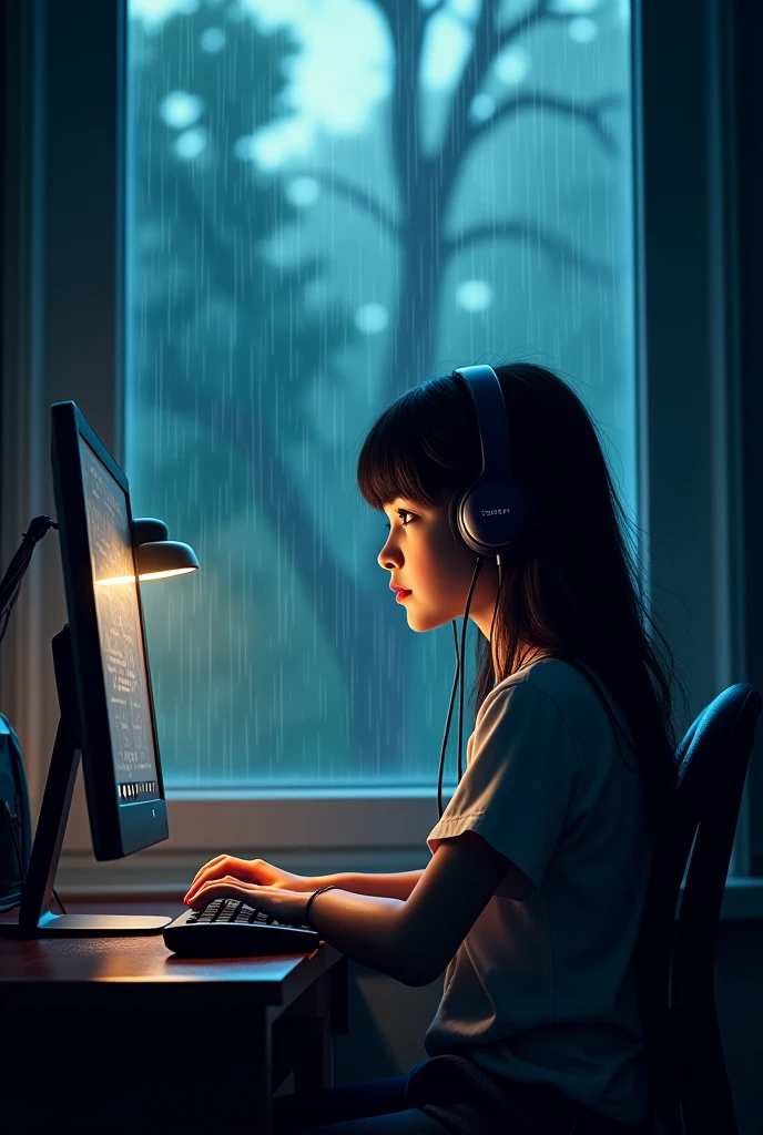 Create an image of a young girl sitting at a computer desk, engrossed in her work, with a look of curiosity and determination on her face. In the background, through a rain-streaked window, depict a night cityscape with glistening city lights and the gentle patter of raindrops on the glass. The contrast between the focused girl and the serene, rainy city outside should evoke a sense of cozy productivity and contemplation