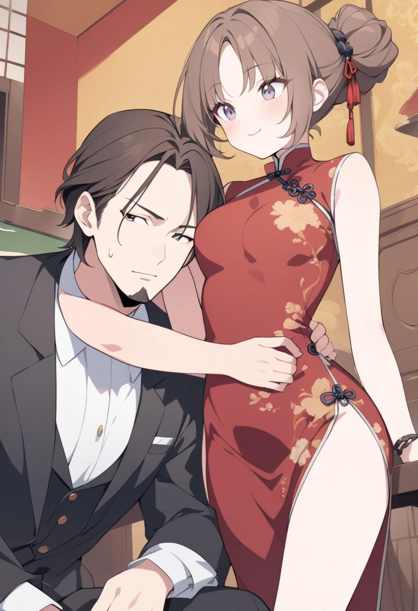 NSFW,Aarinko、short hair、Black Hair、Bobcut,Small breasts,(China dress:1.5),Embarrassed,blush,(Being sexually aroused:1.5),(Perfect hands),(Perfect Anatomy),(masterpiece),(highest quality),One man,(Doing sex:1.5),(Ecstasy face:1.7),(orgasm:1.3),Lift your butt