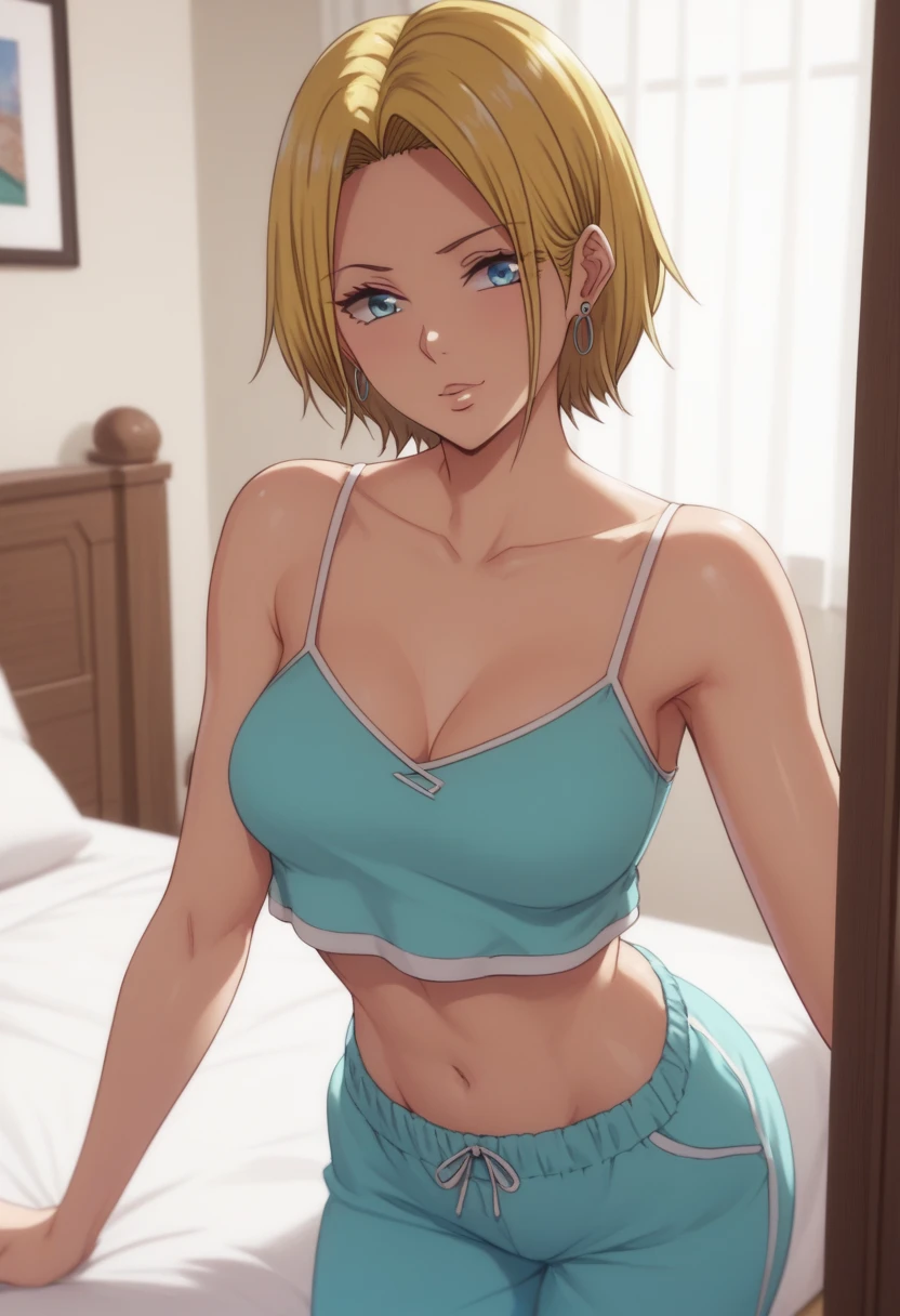 erasa db, 1girl, solo, breasts, earrings, jewelry, large breasts, pants, cleavage, open mouth, smile, purple pants, strapless, shirt, bare shoulders, looking at viewer, green shirt,  <lora:erasa_dragonball:0.8>