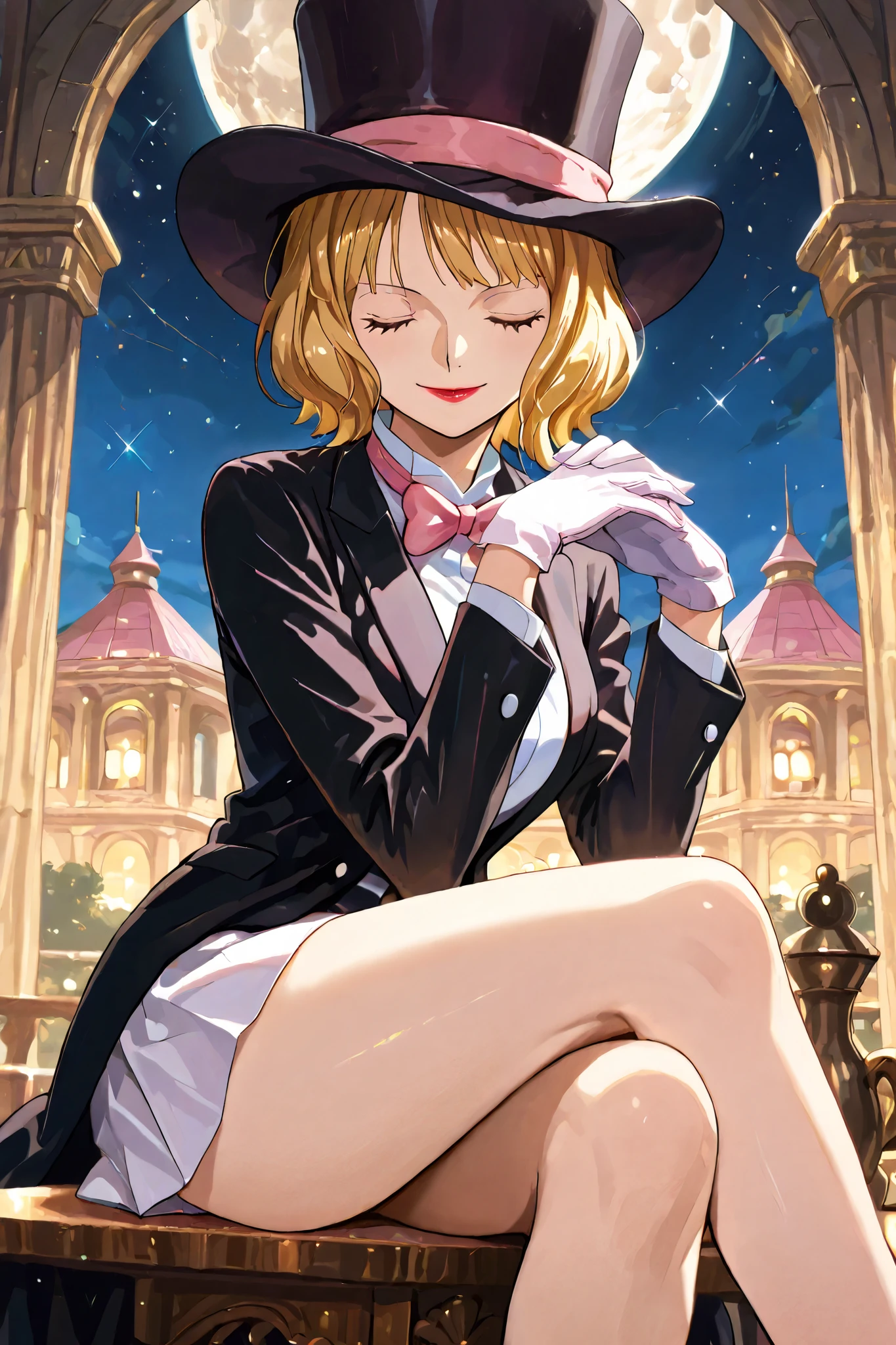 (masterpiece, 2k, high detail) solo, 1girl, stussy, one piece, short hair, blonde hair, red lipstick, blue eyes, sleek legs,( large black silk top hat, pink band) black tuxedo jacket, white shirt under tuxedo jacket, pink bowtie, white miniskirt, ((white gloves)), (smiling, graceful, serene), (dapper), sitting at a table in a marble courtyard, night scene, starry background, full moon in the sky, prim and proper pose, elegant pose, razzle dazzle vibes, close up shot, facing the viewer, (eyes closed), gendou pose, own hands clasped, own hands together, elbows on table