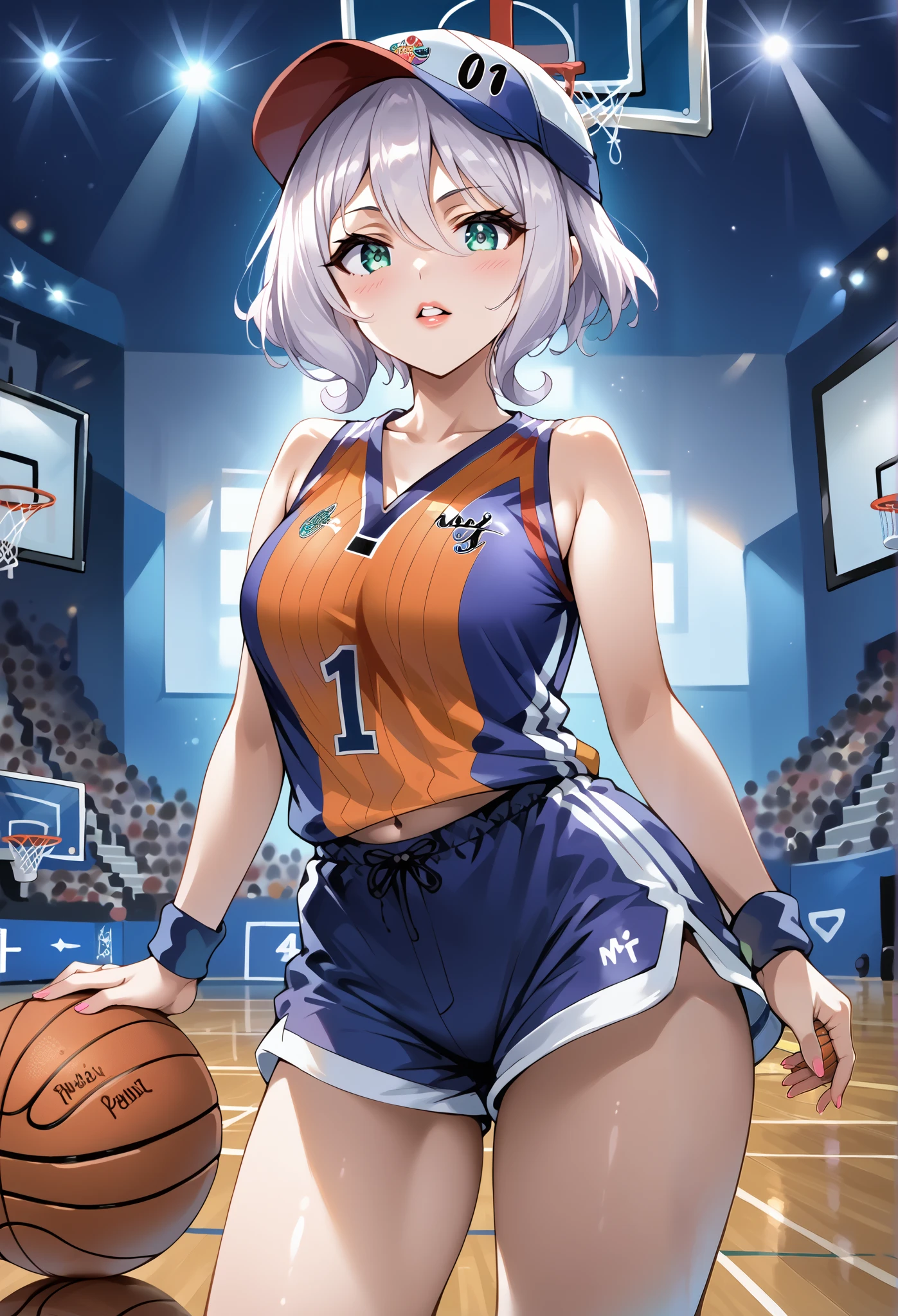 score_9, score_8_up, score_7_up, source_anime, 4K,perfect fingers,(perfect hands, perfect anatomy),prefect lighting, very aesthetic, intricate details,highly detailed background, masterpiece, high quality, best quality, high resolution,
1 girl,solo,Kokoro(Princess Connect),large breast,,
wearing ((basketball uniform, basketball jersery, sportswear, jersey, shorts, sleeveless, )) ,,
looking at viewer, ultra-detailed eyes, open mouth, parted lips, teeth, lips, mildly annoyed face, tilted head, Background image of a basketball court,