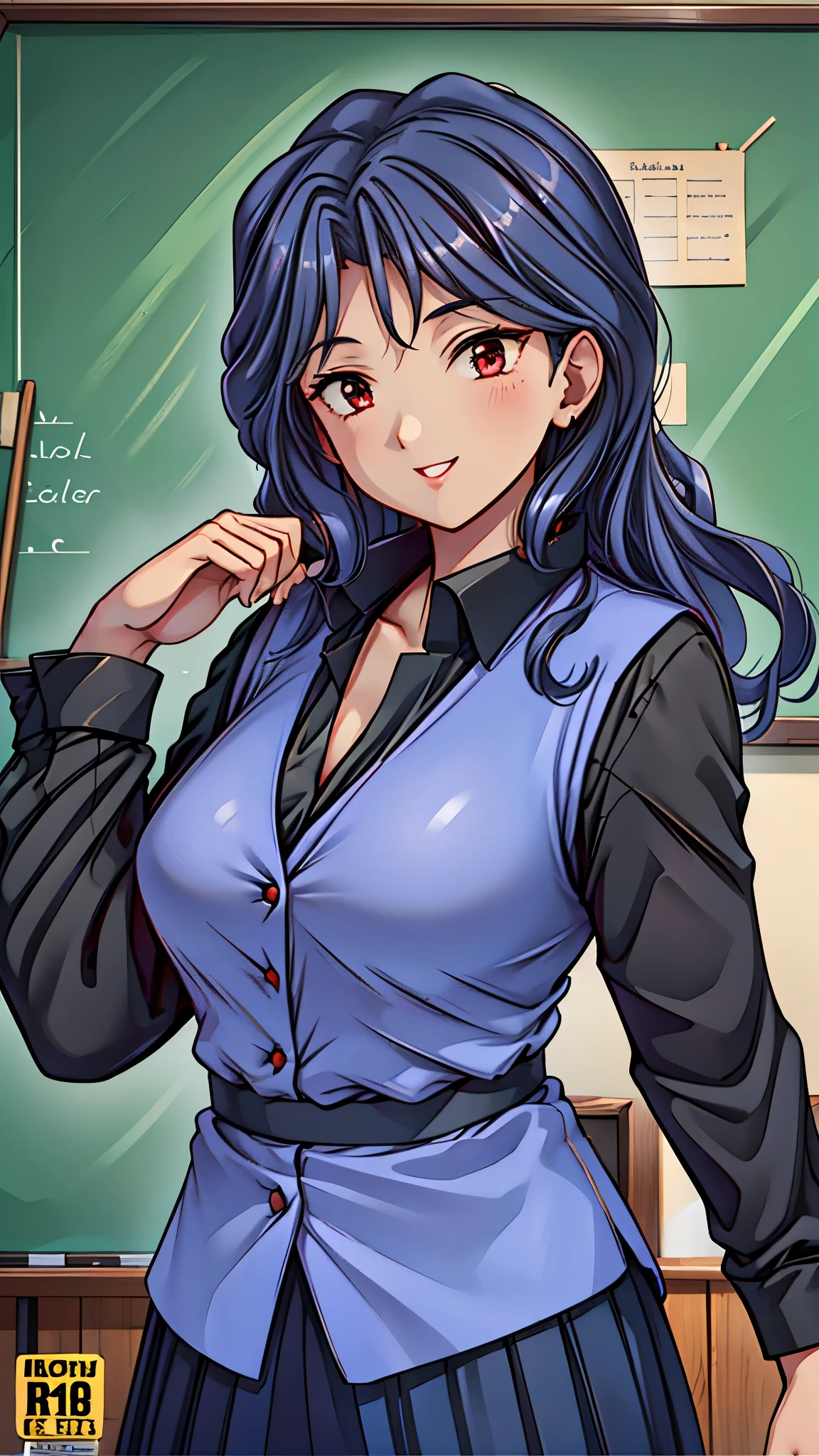 (super quality,super high resolution,16k,Super Masterpiece,Ultra HD ,detailed shading and background,)Sexy Female Teacher ,long black hair, long sleeve black shirt,The Valley of the Chest,cover,smile,in front of the blackboard,