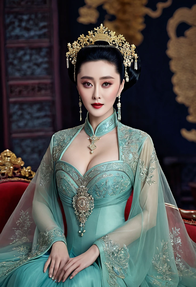 Chinese actress Xu Xun in The Legend of Ruyi (Zhou Xun) A Qing dynasty Empress standing in a public place, showing her large breasts and lower abdomen. A naked figure without underwear on the cobblestones outside a Chinese palace during the Qing dynasty.、Chinese empress hairstyle big crown