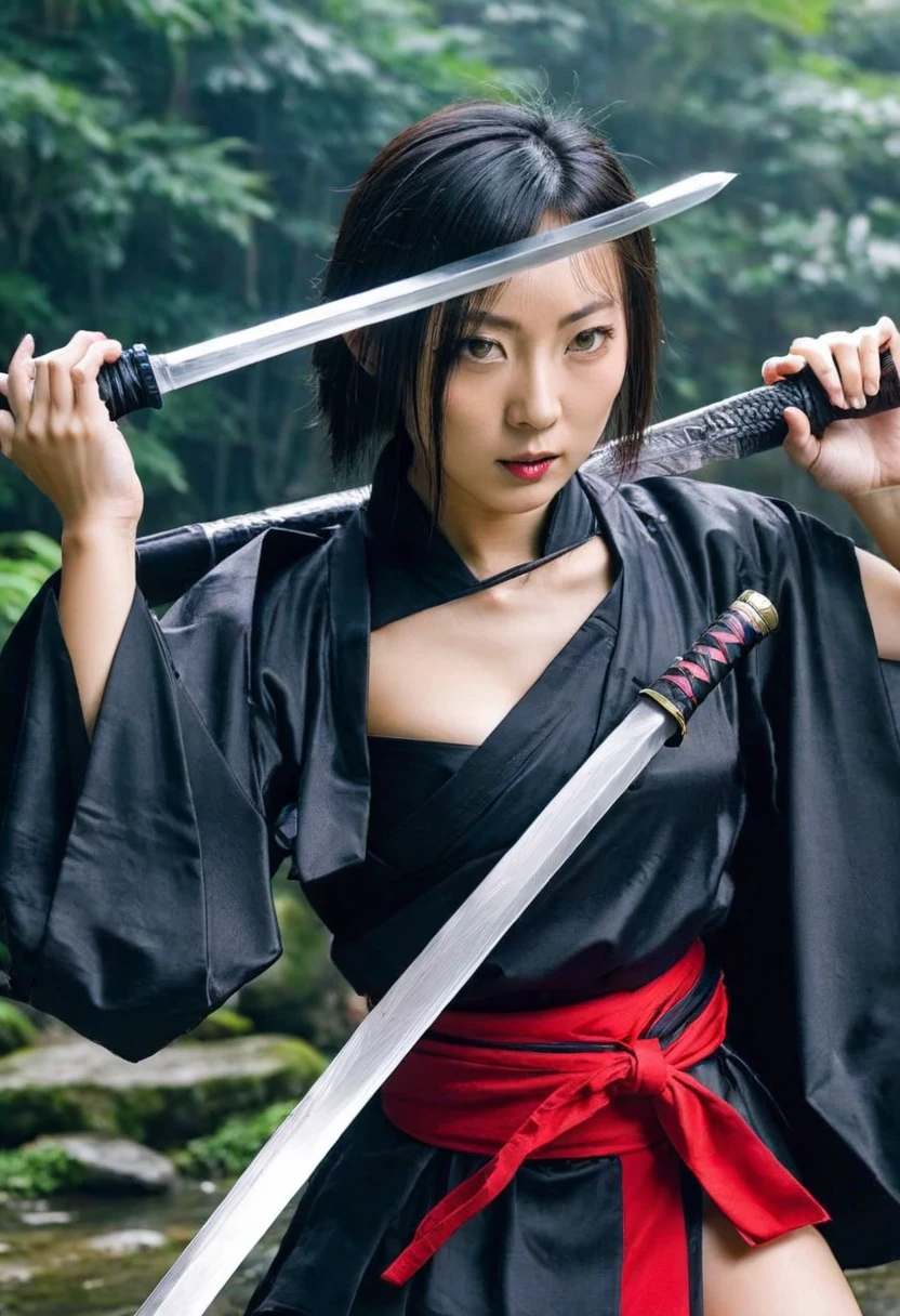 (was:1.3、((Female ninja in a fighting stance with weapons in the forest:1.5)、With background)、(Female ninja with a sword:1.5)、Camel Toe)、(Realistic、Like a photograph、Live Action、8k, Realistic, RAW Photos, Best image quality: 1.4), Single-lens reflex camera、RAW Photos, Highest quality, Realistic, Highly detailed CG Unity 8k wallpaper, Written boundary depth, Cinematic Light, Lens flare, Ray Tracing, Realistic background、(kunoichi:1.4、white floral kimono::1.2、Skirt Lift、Black panties)、Grey Hair、short hair、Short Ponytail、((ultra high density skin))、 1 person,Cute Kunoichi、(whole body:1.5)、I like that style、Pay attention to the details、Perfect outfit、(White skin)、Accurate Arm、Accurate feet、Beautiful feet、Precise thighs、Anatomically correct body、(View from below)