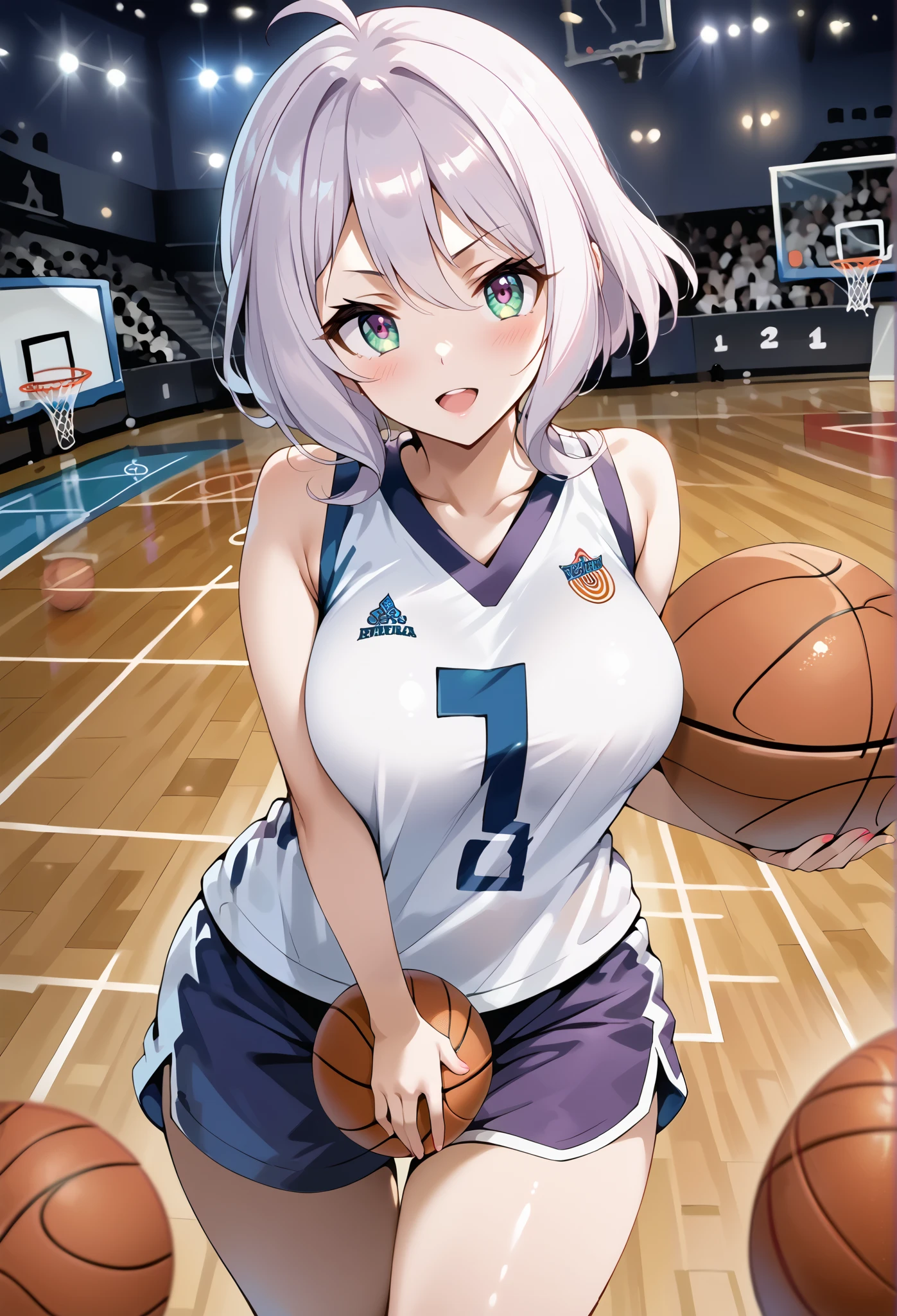 score_9, score_8_up, score_7_up, source_anime, 4K,perfect fingers,(perfect hands, perfect anatomy),prefect lighting, very aesthetic, intricate details,highly detailed background, masterpiece, high quality, best quality, high resolution,
1 girl,solo,Kokoro(Princess Connect),large breast,,
wearing ((basketball uniform, basketball jersery, sportswear, jersey, shorts, sleeveless, )) ,,
looking at viewer, ultra-detailed eyes, open mouth, mildly annoyed face, tilted head, Background image of a basketball court, ((no basketball:1.5)),