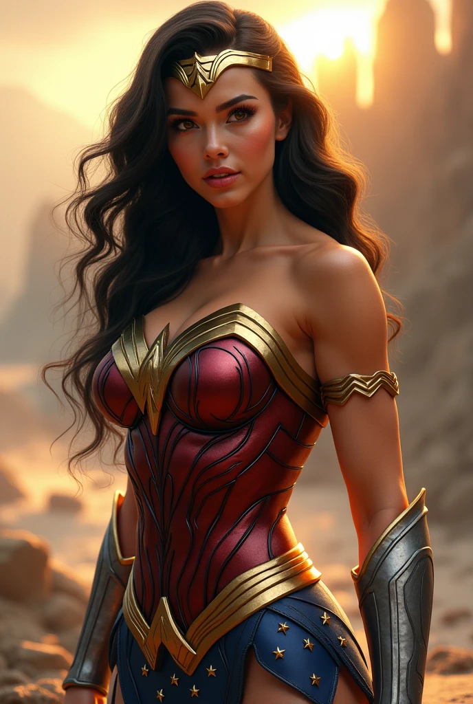 A beautiful woman Lynda Carter Wonder Woman long black hair pulled back in a ponytail black leather jacket red corset and black leather pants red knee-high boots diadema Wonder Woman on her forehead