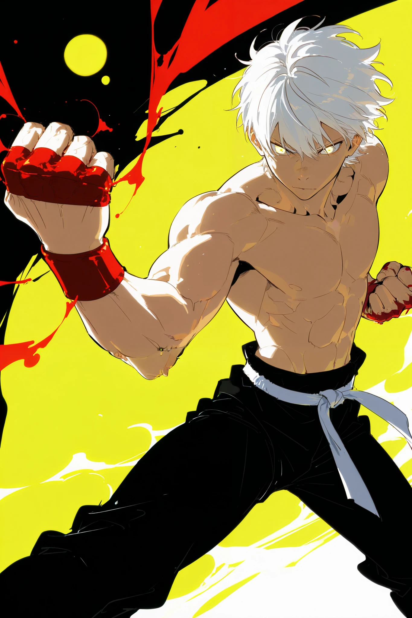 Handsome, Athletic, alone, male, Short spicky hair, long white hair, black yellow eye, no shirt, black pants, , intricate sketch, expressive eyes nose and mouth, Abs, simple pose, clench fist, martial art stance, blood on his fists