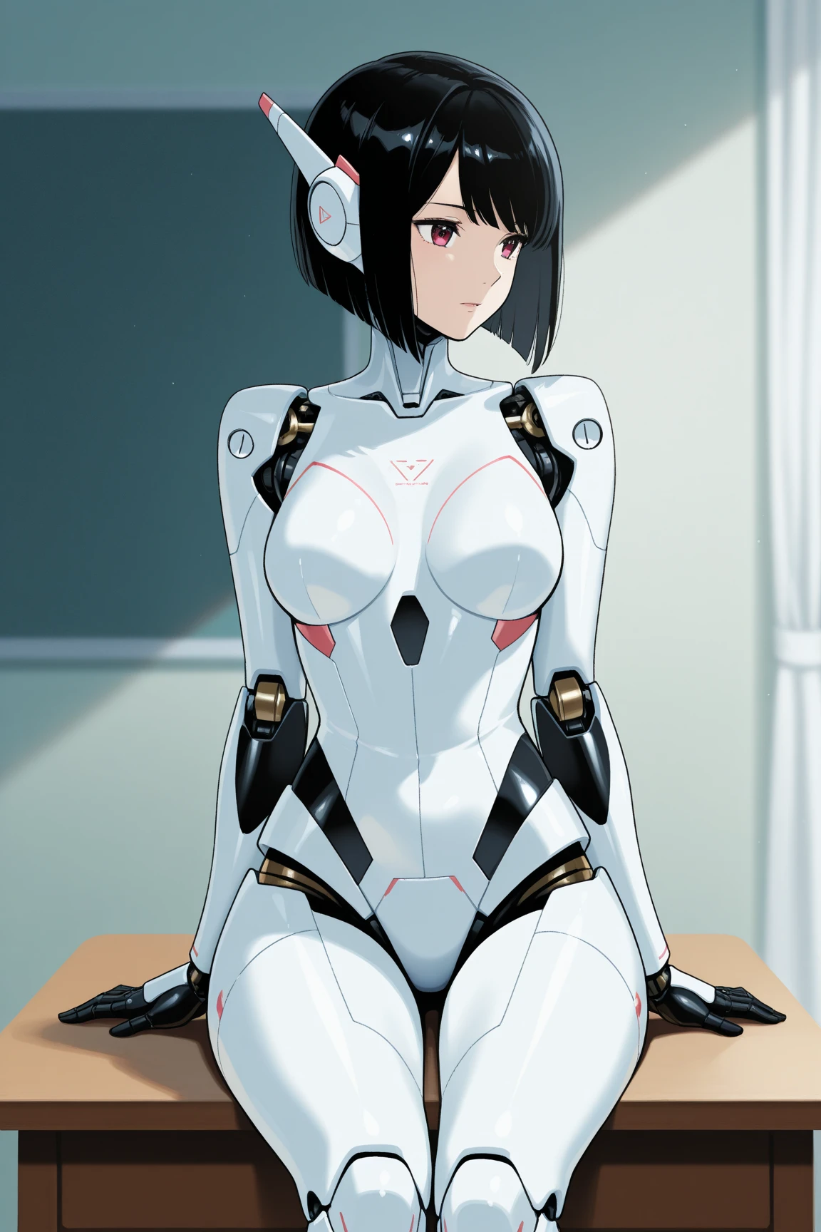 masterpiece, highest quality, very detailed, (8K, 4K, highest quality, High resolution, Super high resolution:1.1), (table top, realistic, Photoreal:1.1),8K portrait, Japaese アンdroid Girl,Plump , announcer,Control panel,アンdroid,droid,mechanical hand, robot arms and legs, black robot parts,black hair,Machine body,dull bangs,perfect mechanical abdomen,white robot parts,perfect robot woman,future Research room,cyber punk,Charging spot,Research room,long tube,A thick cable was connected to her neck.,ceramic body ,The body of the perfect machine, White robot body,solder antenna,mechanical ear covers,アンdroid,robot humanoid,black sponge joint,Removable cover is located in the crotch area,The connection port is in the crotch,open chest panel,Chest access panel,open chest panel,perfect mechanical chest,White fuselage,White robot body,white ceramic chest,perfect plastic breasts,she repaired,assembly factory,mini skirt,leather boots
