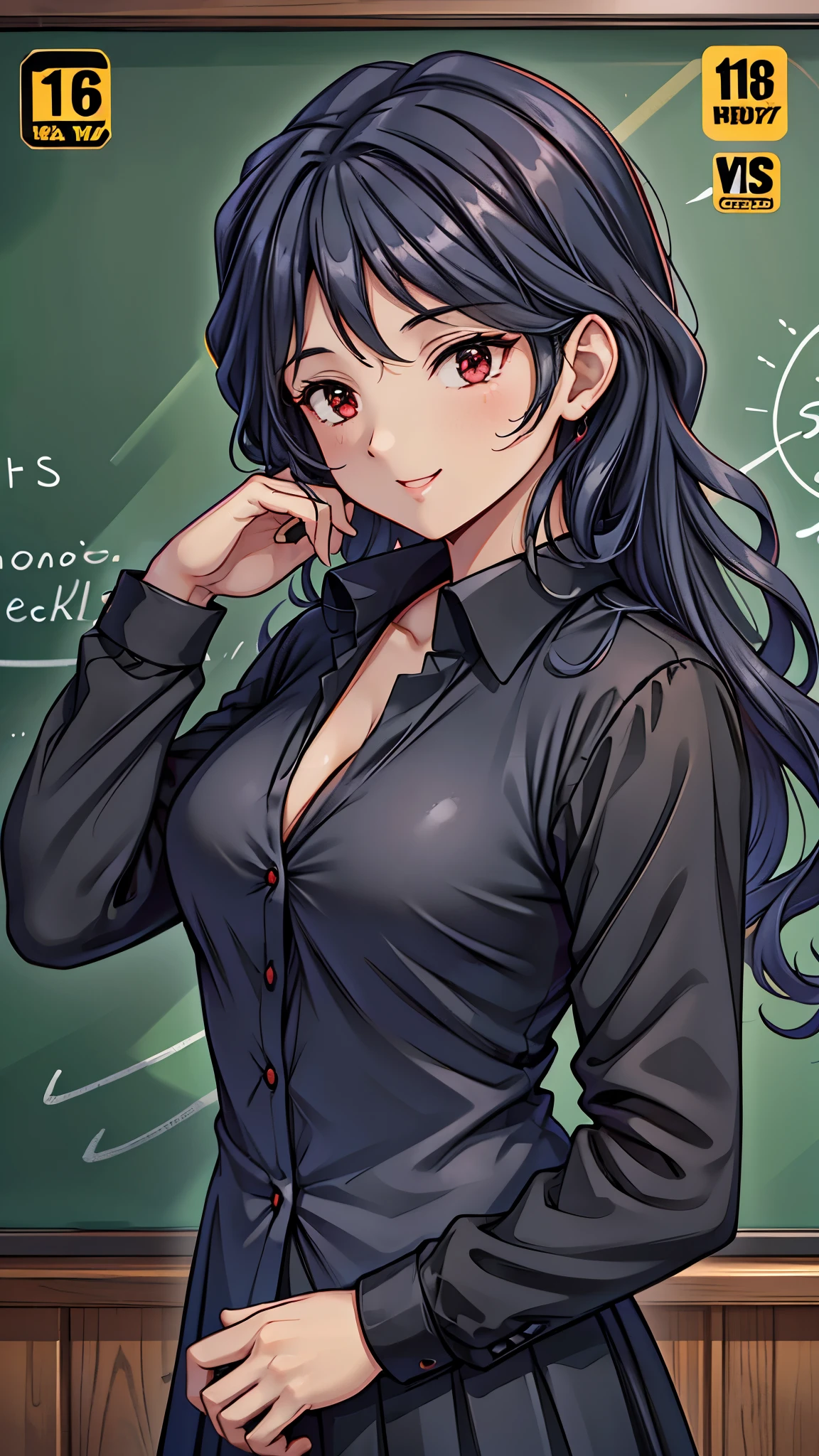 (super quality,super high resolution,16k,Super Masterpiece,Ultra HD ,detailed shading and background,)Sexy Female Teacher ,long black hair, long sleeve black shirt,The Valley of the Chest,cover,smile,in front of the blackboard,