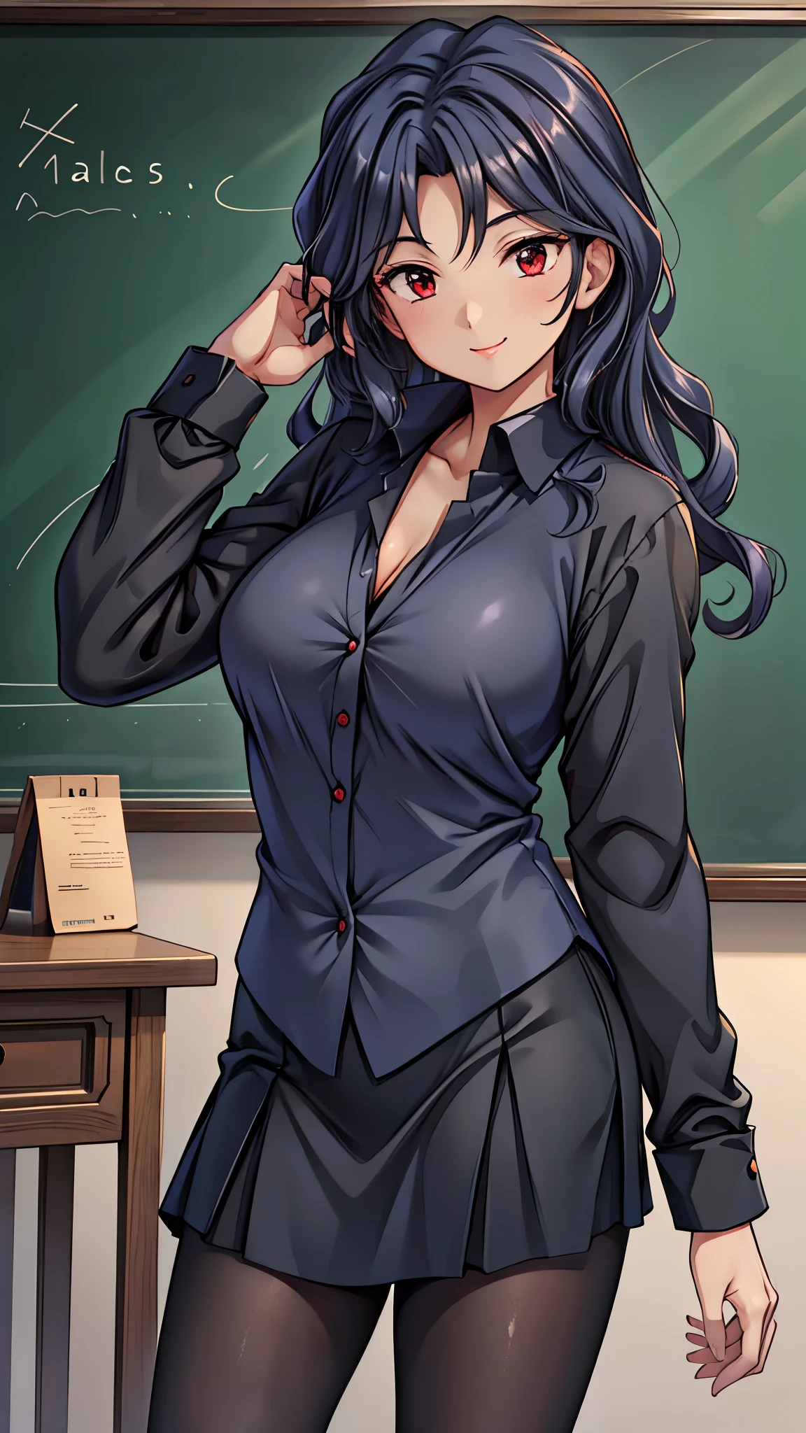 (super quality,super high resolution,16k,Super Masterpiece,Ultra HD ,detailed shading and background,)Sexy Female Teacher ,long black hair, long sleeve black shirt,The Valley of the Chest,cover,smile,in front of the blackboard,