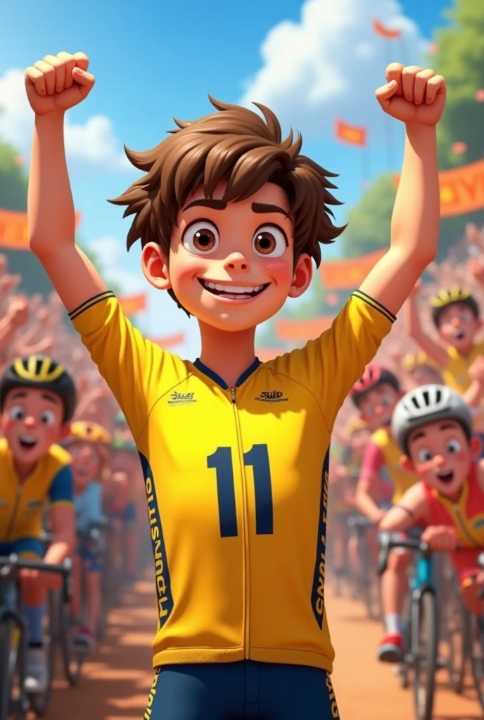 (highres:1.2),portraits,stadium,festival,crowd,cheering,joyful,boy portrait,smiling,celebration,blurred background