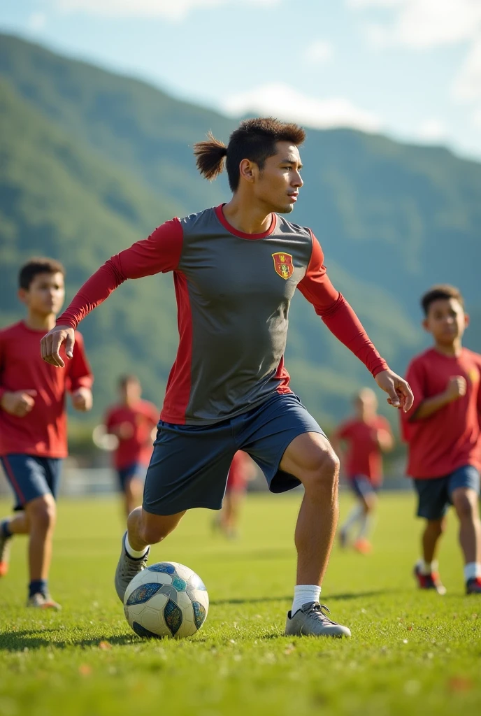 Asian football player play rondo and the player who are in the middle has no shirt