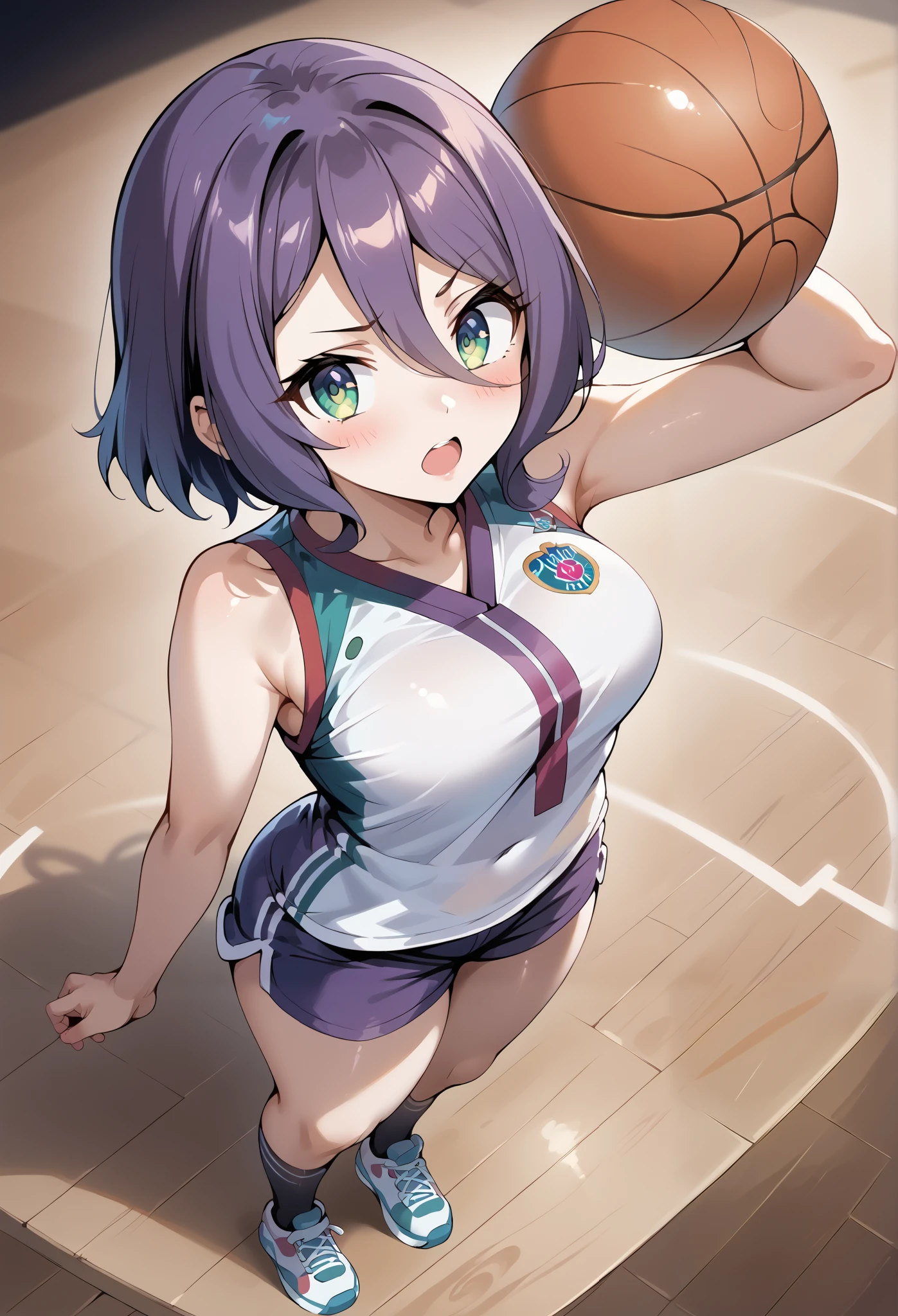 score_9, score_8_up, score_7_up, source_anime, 4K,perfect fingers,(perfect hands, perfect anatomy),prefect lighting, very aesthetic, intricate details,highly detailed background, masterpiece, high quality, best quality, high resolution,  
1 girl,solo,Kokoro（Princess Connect）,large breast,,
wearing ((basketball uniform, basketball jersery, sportswear, jersey, shorts, sleeveless, )) ,,
looking at viewer, ultra-detailed eyes, open mouth, mildly annoyed face, tilted head, Background image of a basketball court, ((no basketball:1.6)), ((High Angle View:1.5)),