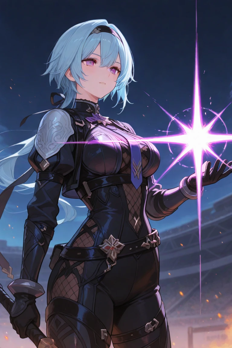 One Woman,14 years,((Gray Hair) ,((())), ((Normal chest)), (())(()),(Shiny purple bodysuit and miniskirt))),,((Fantasy,Moonlit Night))(())