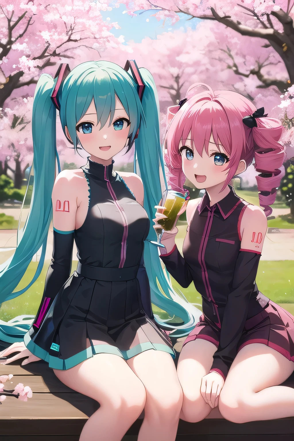 ((best quality)), ((masterpiece)), (detailed),2 girls。Hatsune Miku, Kasane Teto with twin drills。(Composition with Movement)。Cherry Tree。Cherry Blossom Viewing。drinking alcohol。fun。