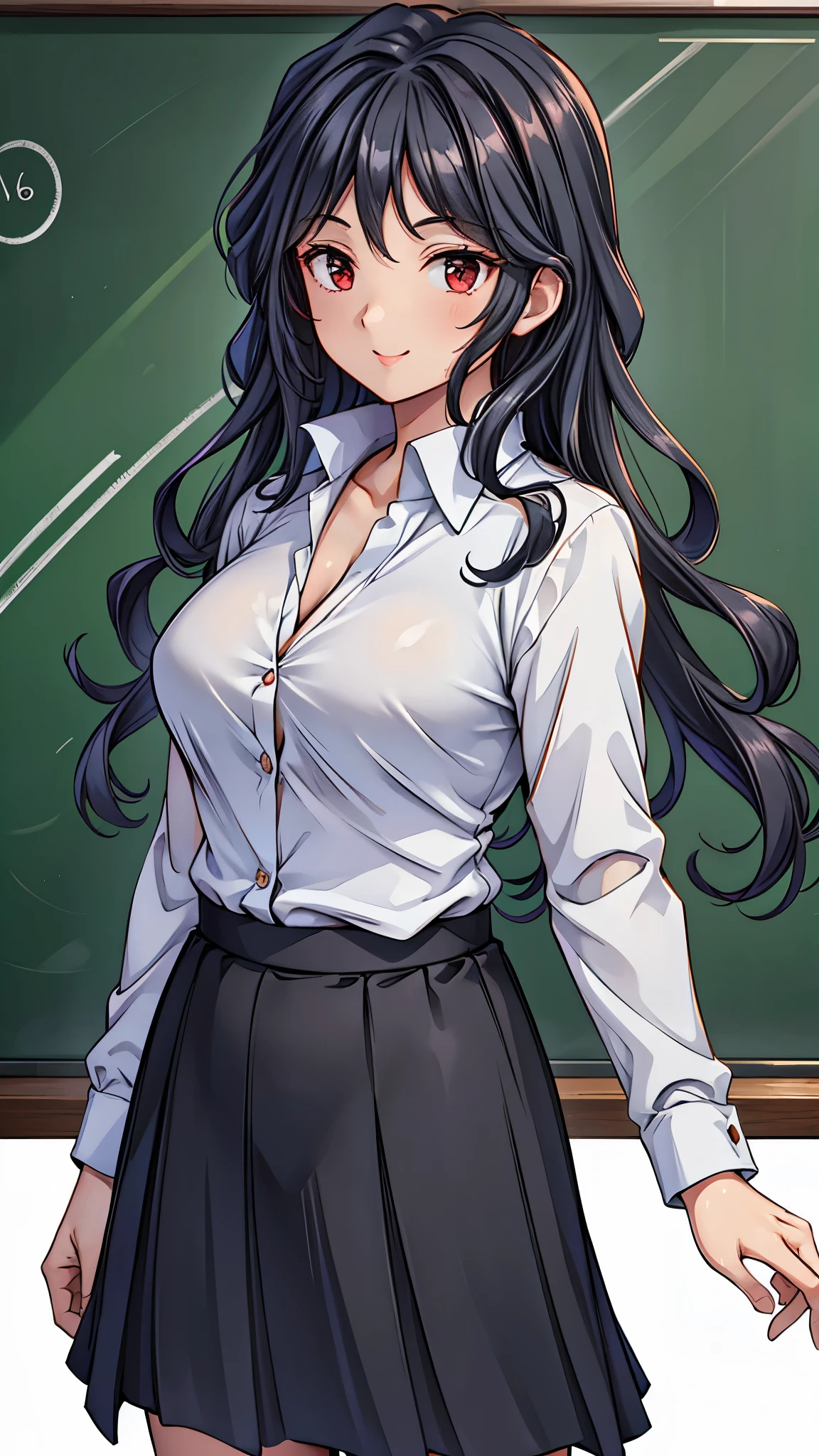 (super quality,super high resolution,16k,Super Masterpiece,Ultra HD ,detailed shading and background,)Sexy Female Teacher ,long black hair,long sleeve white shirt,The Valley of the Chest,black tight skirt,cover,smile,in front of the blackboard,