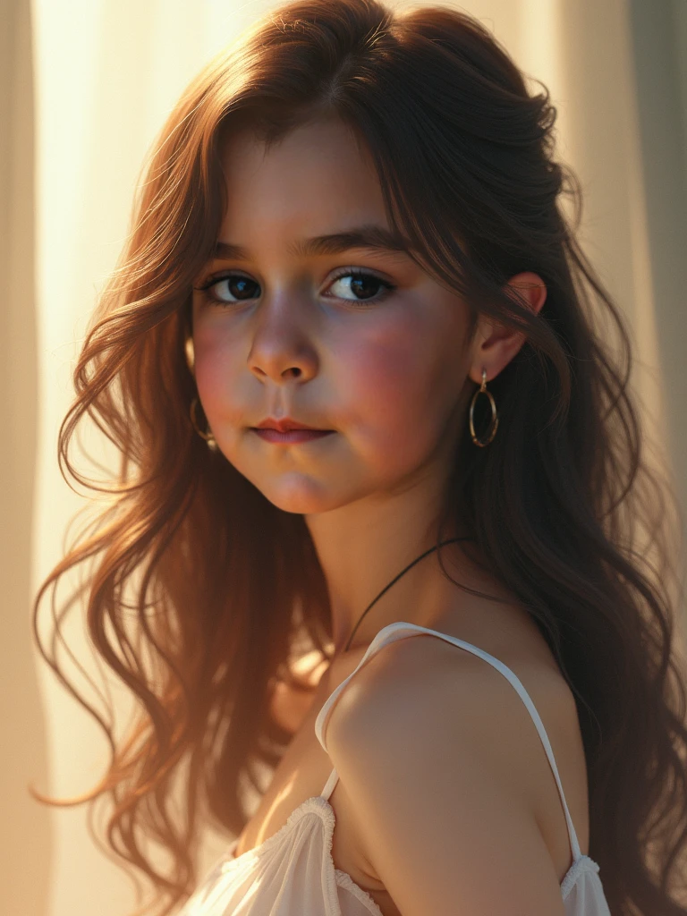 A closeup of a young woman with long hair and lights on her head, little girl with magical powers, painting digital adorable, Directed by: Hristofor Zhefarovich, portrait of magical young girl, glowing flowing hair, magic lighting overlays, menina bonita, luzes brilhantes! pintura digital, fiber optic hair, menina bonito, cabelos eletrificados, flowing glowing hair