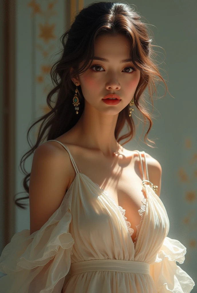 (best quality, masterpiece, ultra detailed, ultra high res, photorealistic, raw photo, absurdres, absolutely resolution:1.5),(best quality color photo of a mysterious beautiful woman in luxury lingerie on a fashion magazine cover, haute couture fashion shoot:1.3),(An extremely delicate and beautiful work:1.2), elegant pose, glamorous fashion pose, (the divine light) simple background, art nouveau, focus on art nouveau suit, luxury fashion,(she is the embodiment of beauty and allure, asian beauty, asian actress), (very delicate lace lingerie, sexy lingerie, elegant and sophisticated fashion, her flowing hair cascades gracefully, perfectly complemented by tasteful and elegant makeup:1.2), black hair, detailed face, looking at viewer, detailed eyes, black eyes, lustrous lips ,cleavage, (large breasts:1.3), nipple ,(camel toe:1.2), skinny physique, beautiful figure, Perfect female body, Gentle and enigmatic expression, High color saturation, surrealism ,