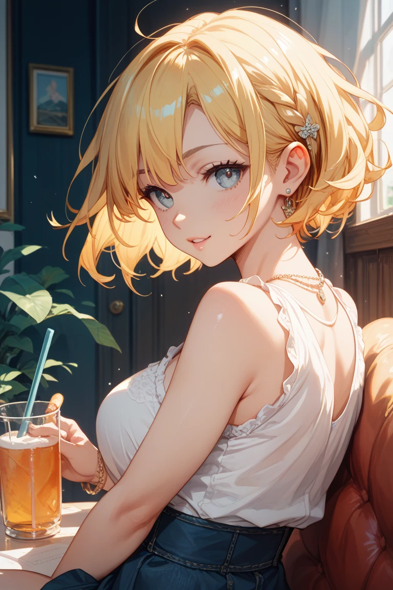 detailed illustration (side view),dynamic angle,ultra-detailed, detailed eyes, detailed face, 1girl, beer bottle, short blonde hair, wavy hair, smile, horny, blushing, green eyes, detailed eyes, bright eyes, yellow sun dress, cleavage, short skirt, standing beside table, night
