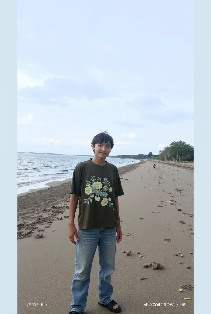 A small child is standing in front of the sea and his name Ayan is written on his T-shirt along with his date of birth 20-03-2018